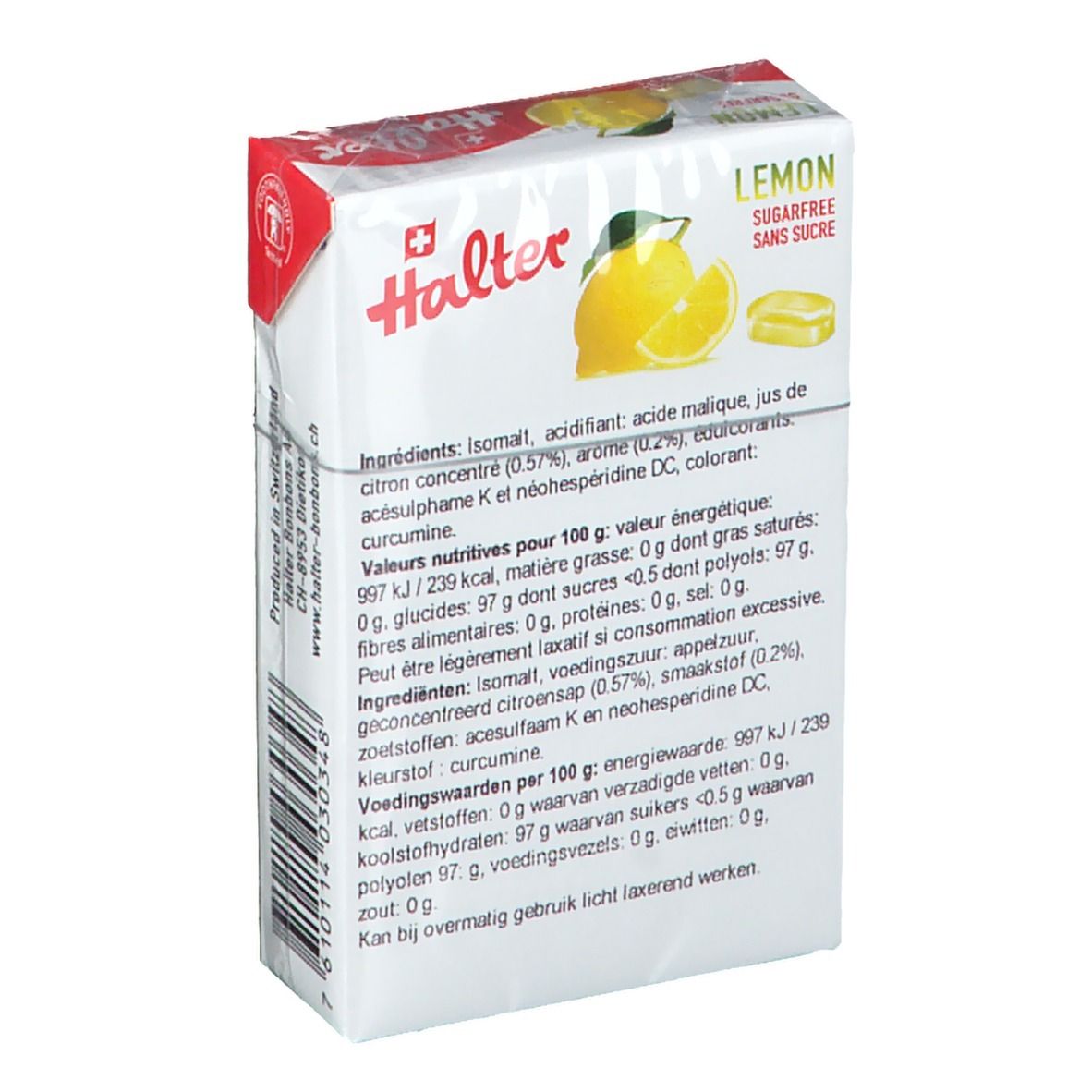 Rückseite der Halter Lemon Bonbons Verpackung. Text mit Inhaltsstoffen und Nährwertangaben.