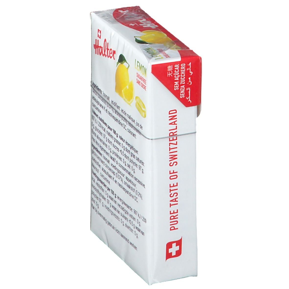 Halter Lemon Bonbons Verpackung, Seitenansicht. Text in mehreren Sprachen, Schweizer Kreuz.