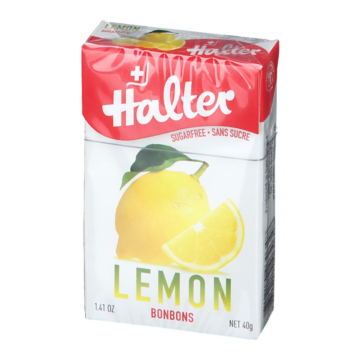 Halter Lemon Bonbons Verpackung. Weiß-rote Schachtel mit Zitrone-Abbildung und Schriftzug.