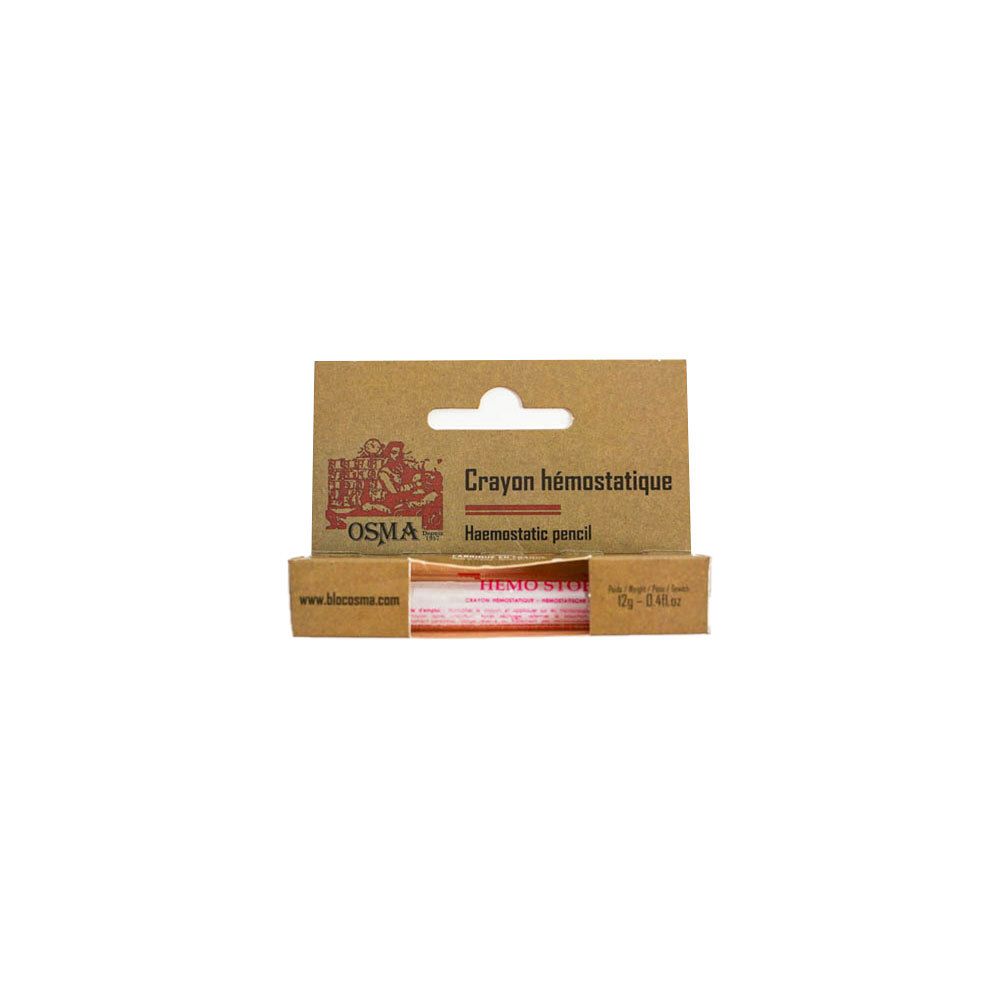 Geöffnete Verpackung mit Rasierstift. Aufschrift: OSMA, Crayon hémostatique. Braune Verpackung.