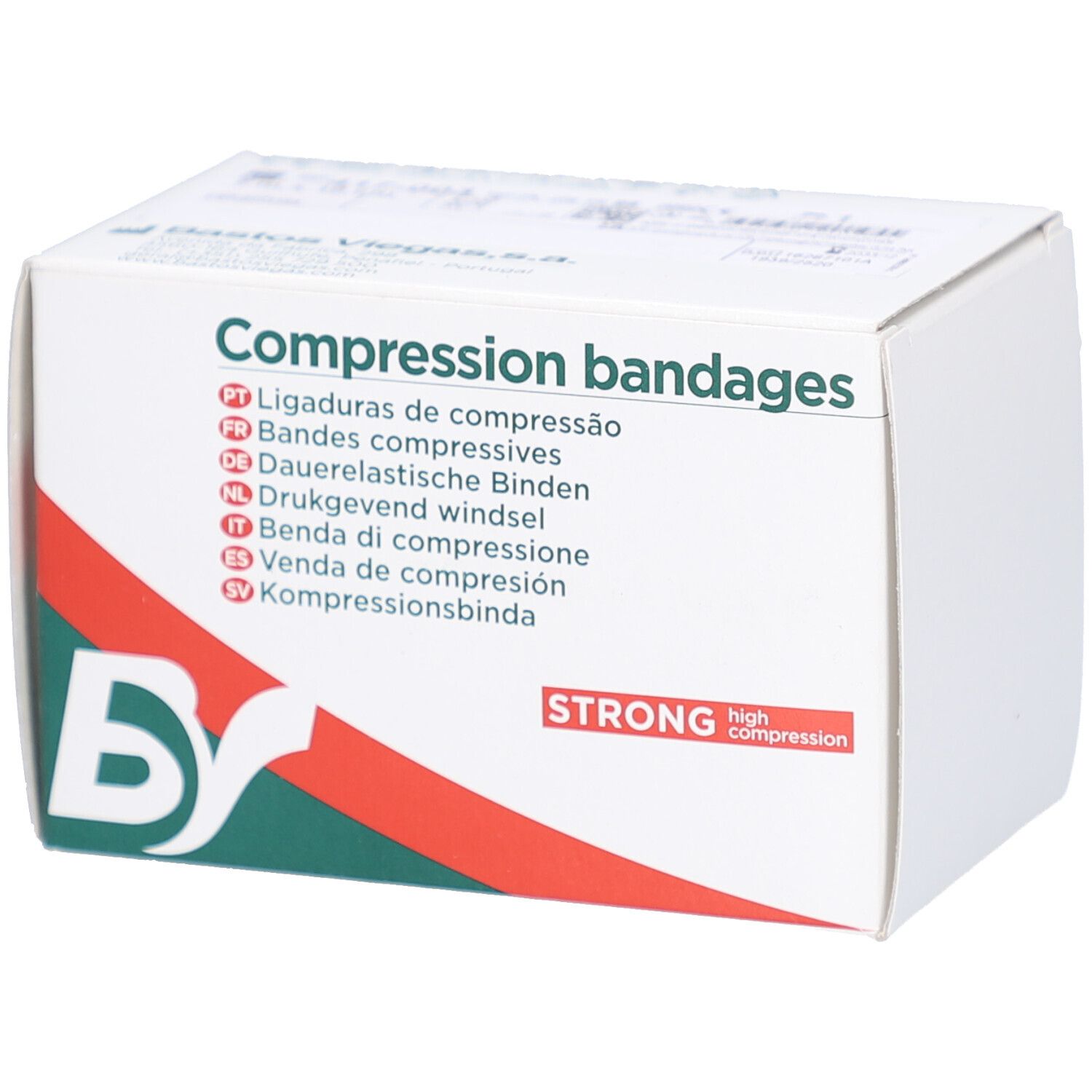 Weißer Karton mit Aufschrift 'Compression bandages'. Logo 'BS' und roter Streifen. 'STRONG high compression' Text.