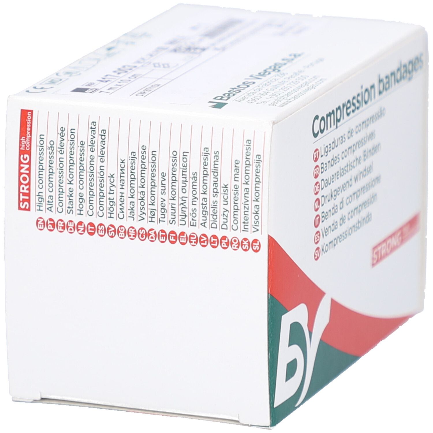 Karton mit 'Compression bandages' in mehreren Sprachen. Logo 'BS' und roter Streifen. 'STRONG high compression'.