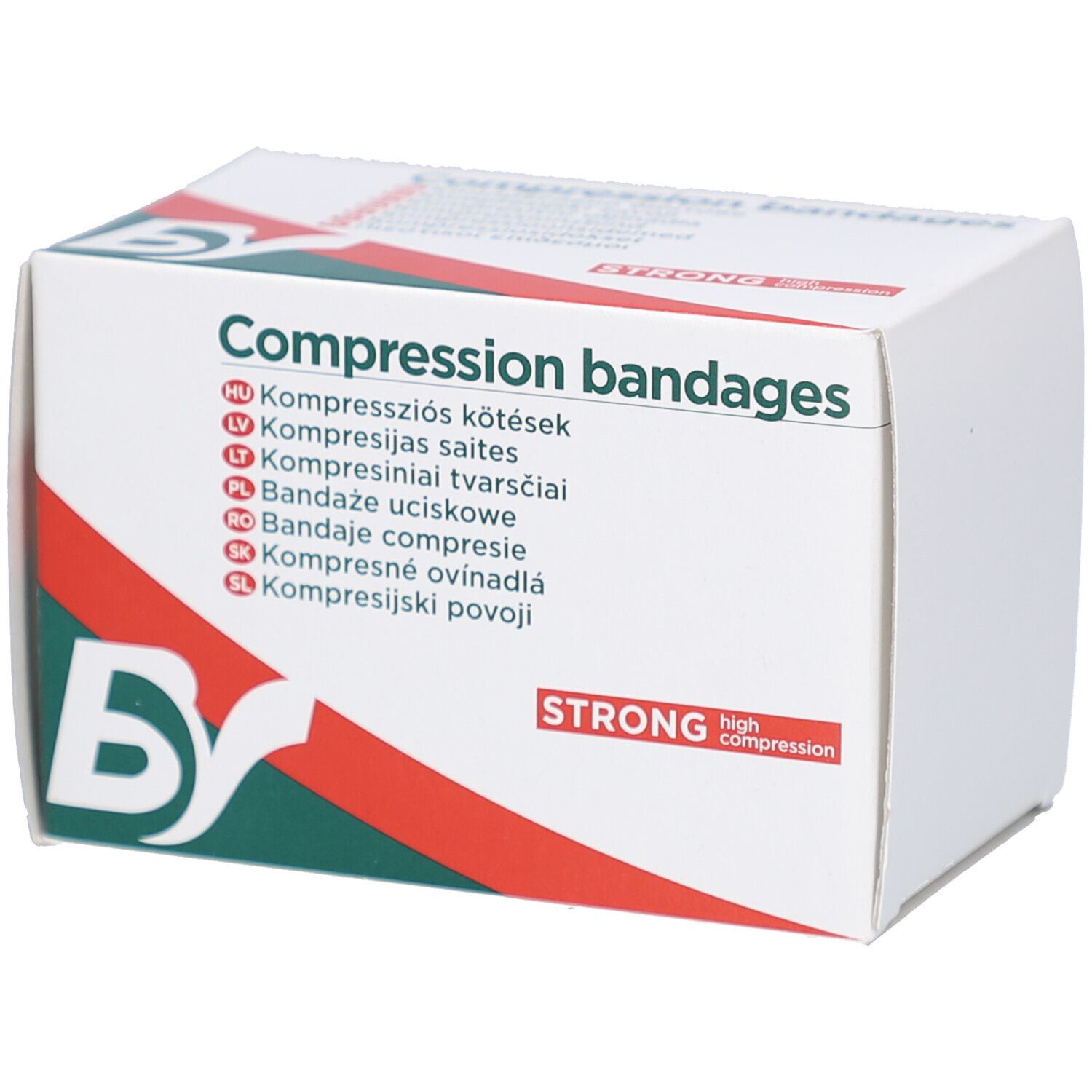Weißer Karton mit 'Compression bandages'. Logo 'BS' und roter Streifen. 'STRONG high compression'.