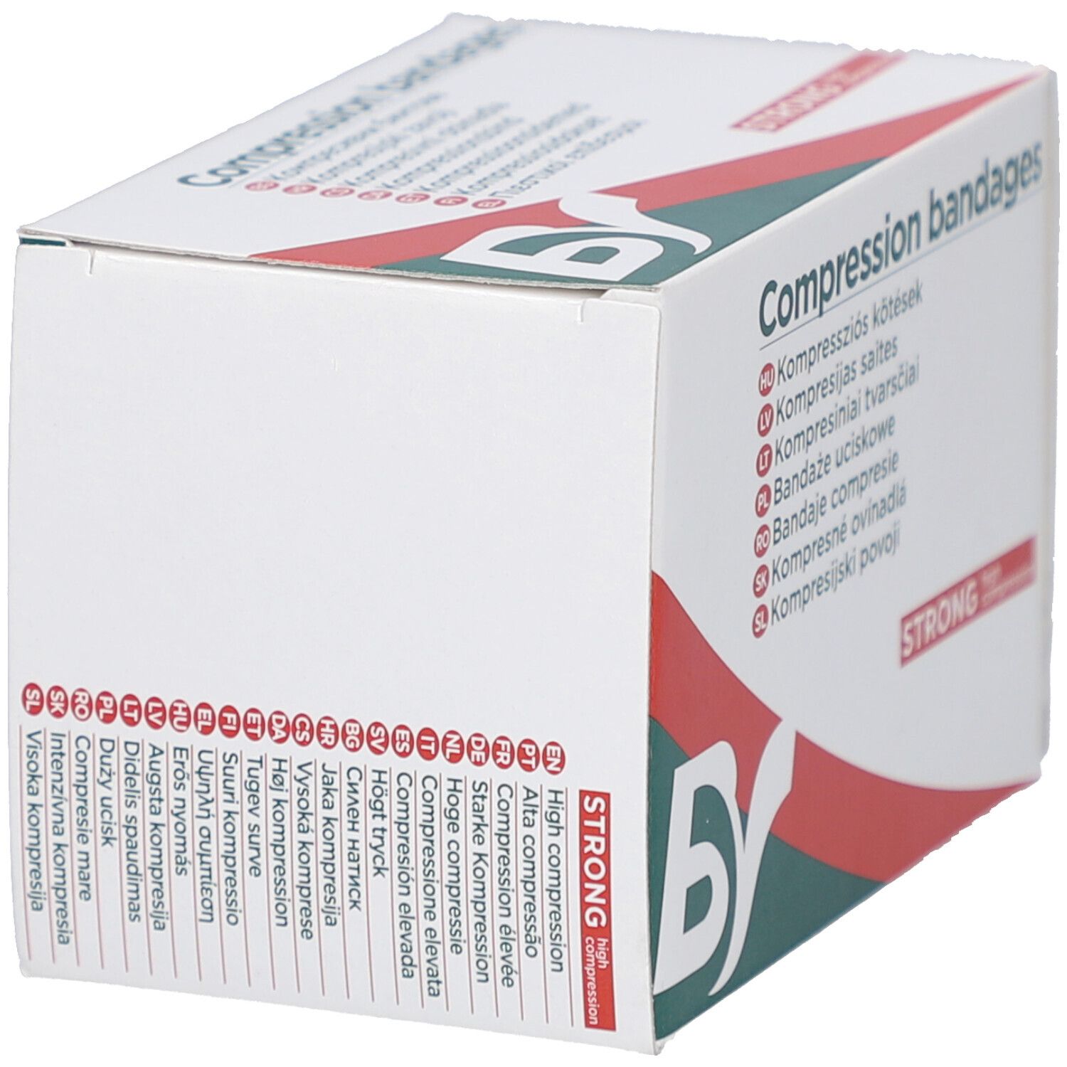 Karton mit 'Compression bandages' in mehreren Sprachen. Logo 'BS' und roter Streifen. 'STRONG high compression'.