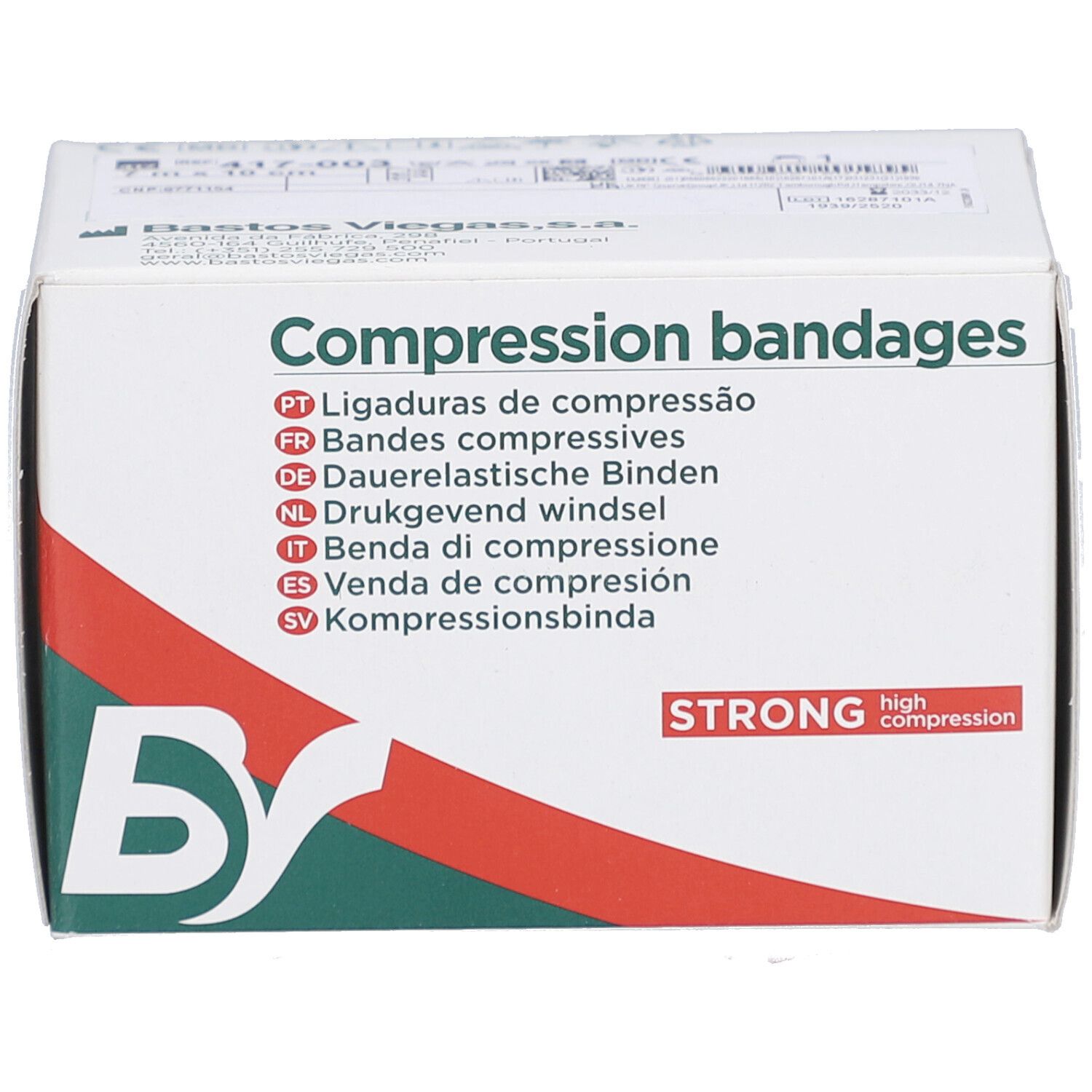Weißer Karton mit 'Compression bandages'. Logo 'BS' und roter Streifen. 'STRONG high compression'.
