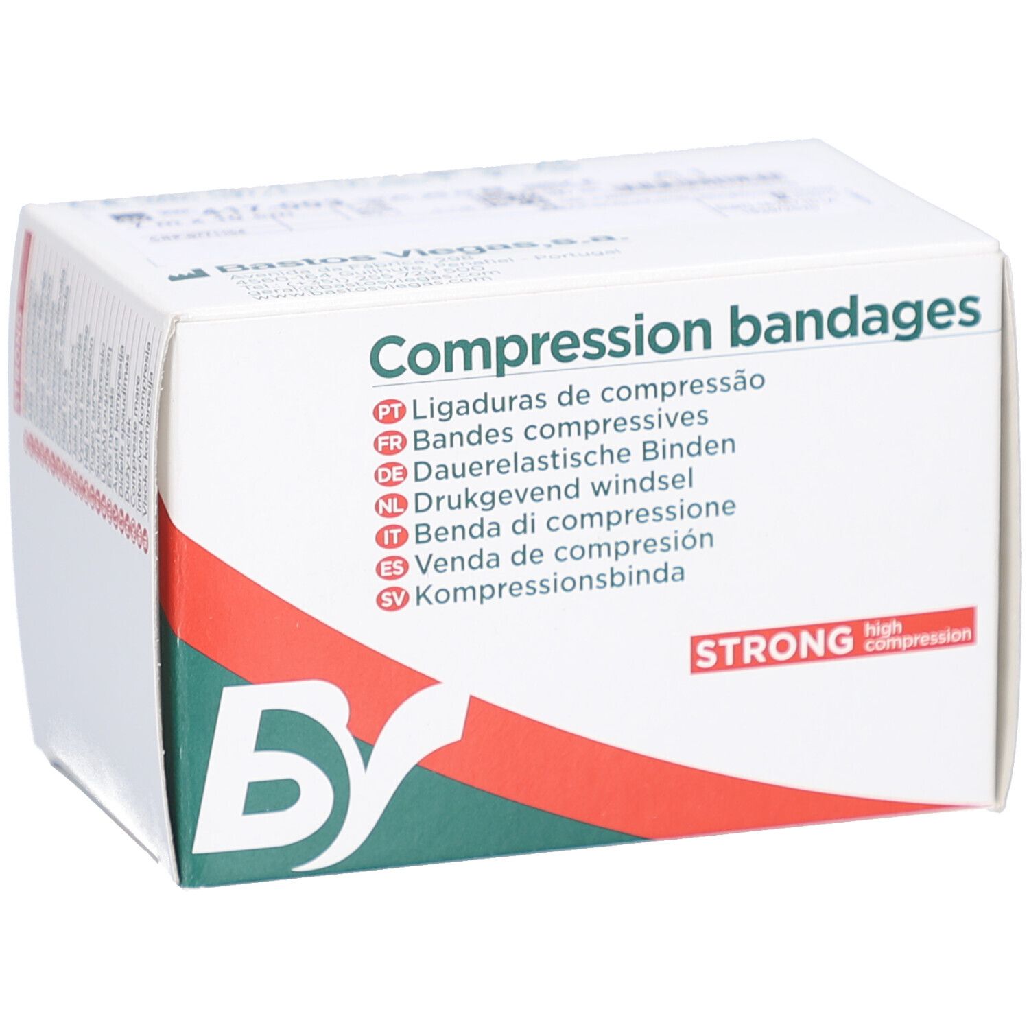 Weißer Karton mit 'Compression bandages'. Logo 'BS' und roter Streifen. 'STRONG high compression'.