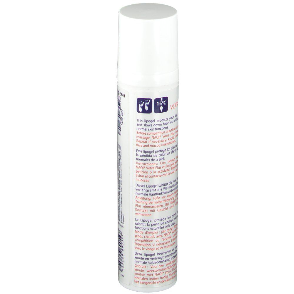 NAQI® Votra Plus Flasche mit Text. Informationen zur Anwendung und Temperaturangaben.