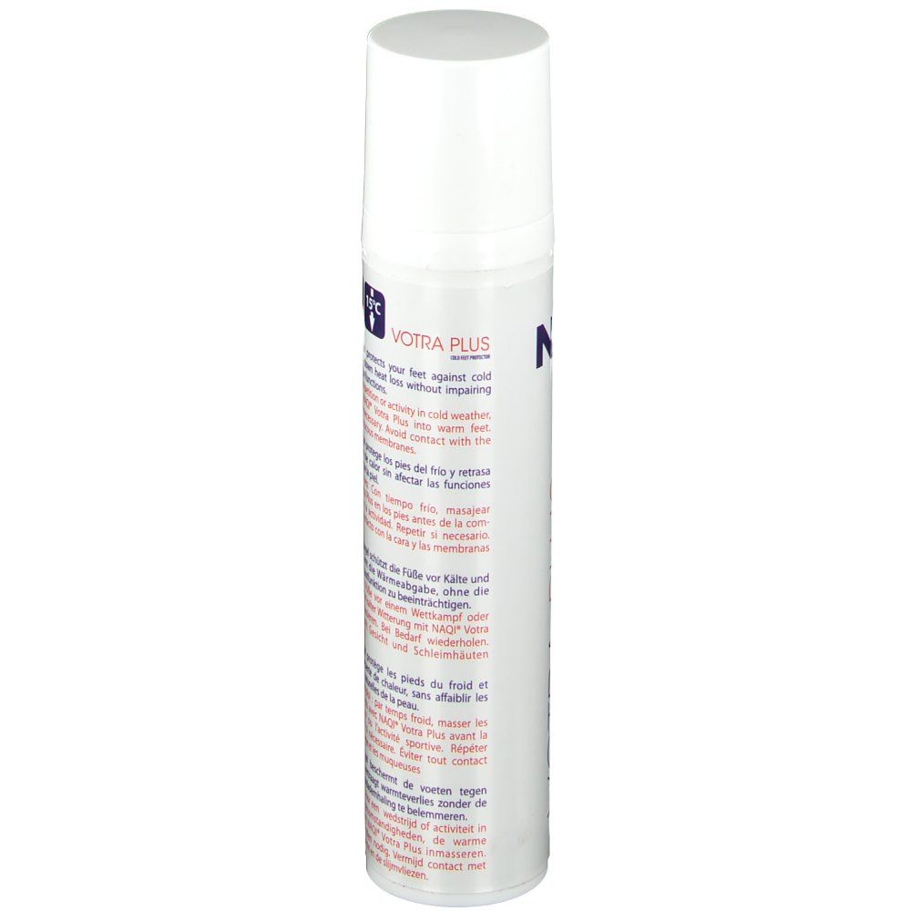 Rückseite der NAQI® Votra Plus Flasche. Text mit Produktinformationen und Logo.
