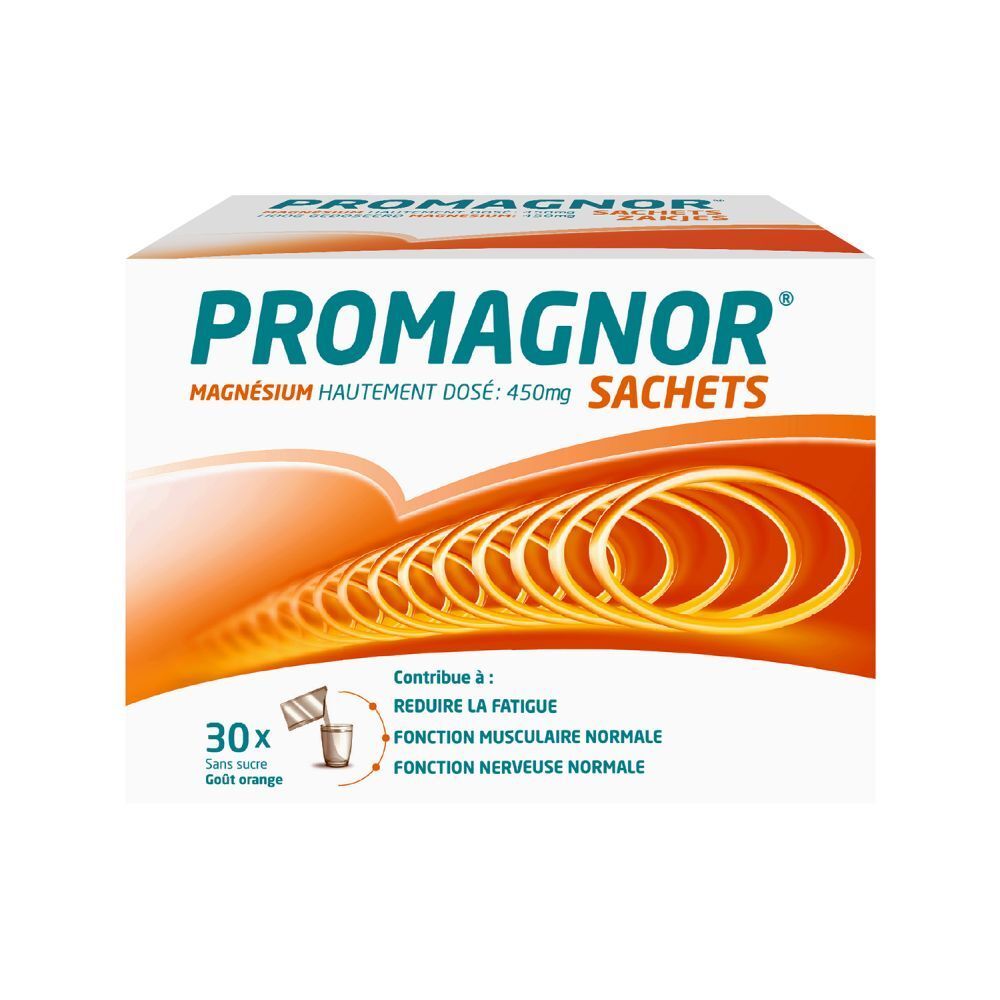 Boîte Promagnor 30 sachets. Inscription: Magnésium 450mg. Design orange.
