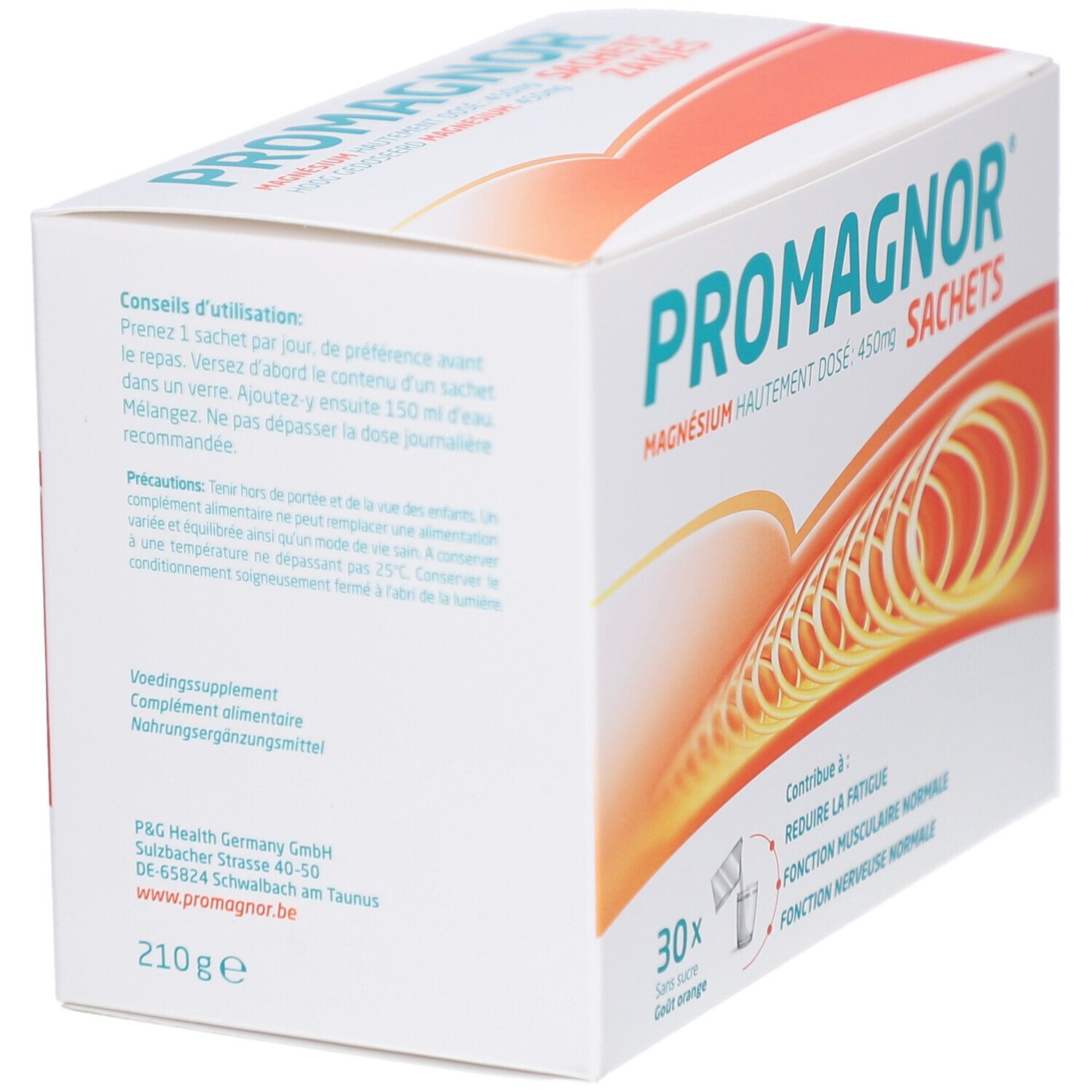 Promagnor-Packung mit 30 Sachets. Aufschrift: Magnesium 450mg. Gebrauchsanweisung.