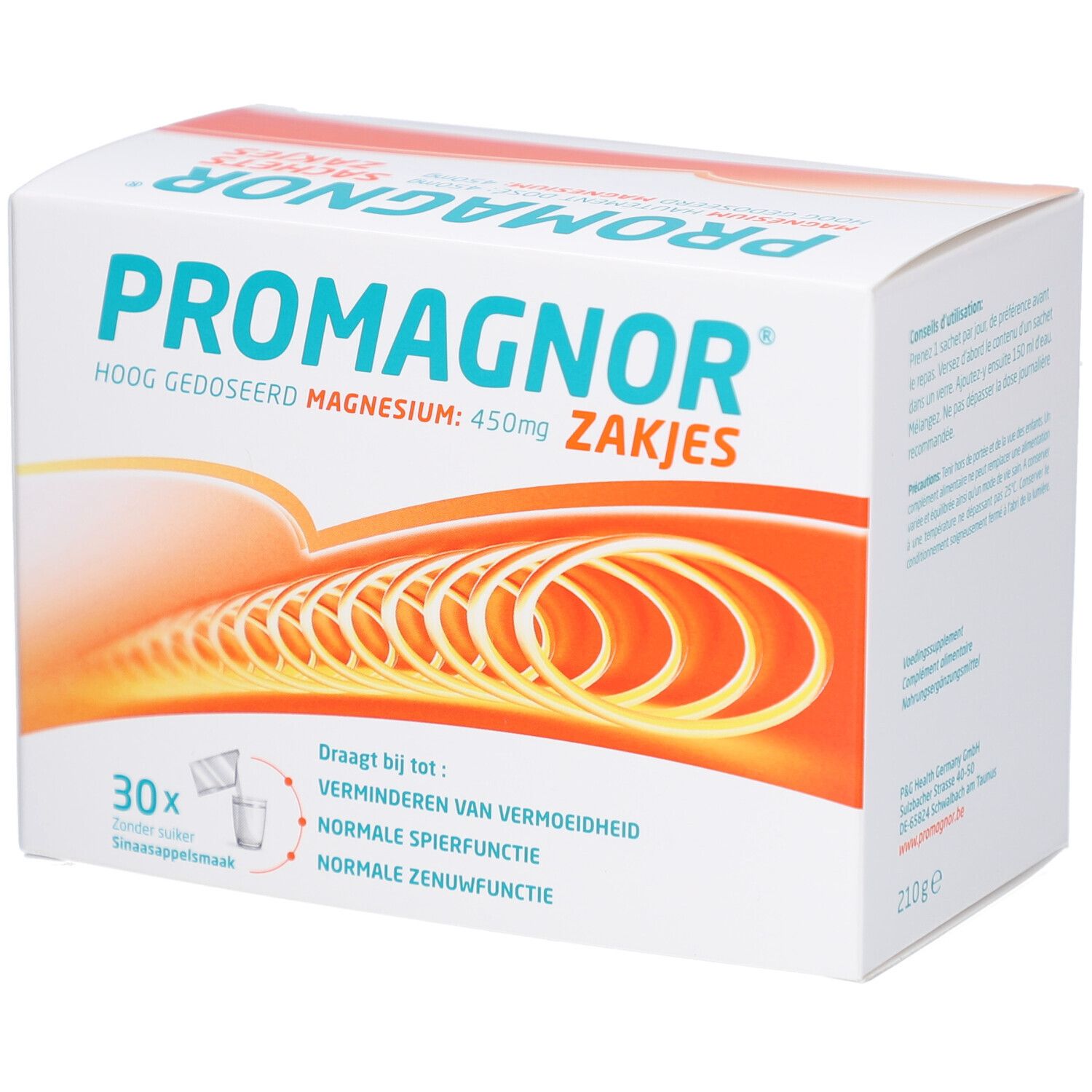 Promagnor-Packung mit 30 Sachets. Aufschrift: Magnesium 450mg. Orangefarbenes Design.