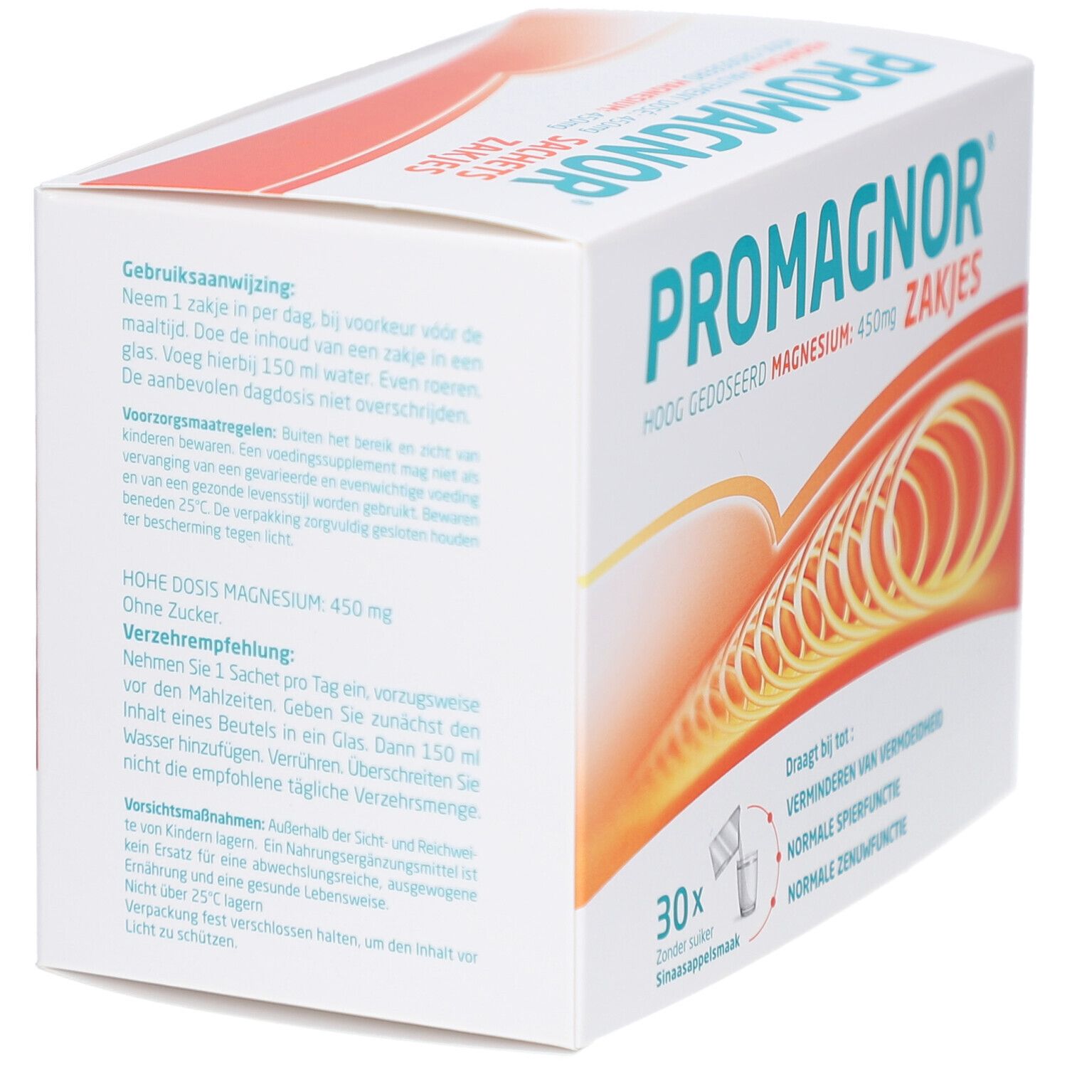 Promagnor-Packung mit 30 Sachets. Aufschrift: Magnesium 450mg. Gebrauchsanweisung.