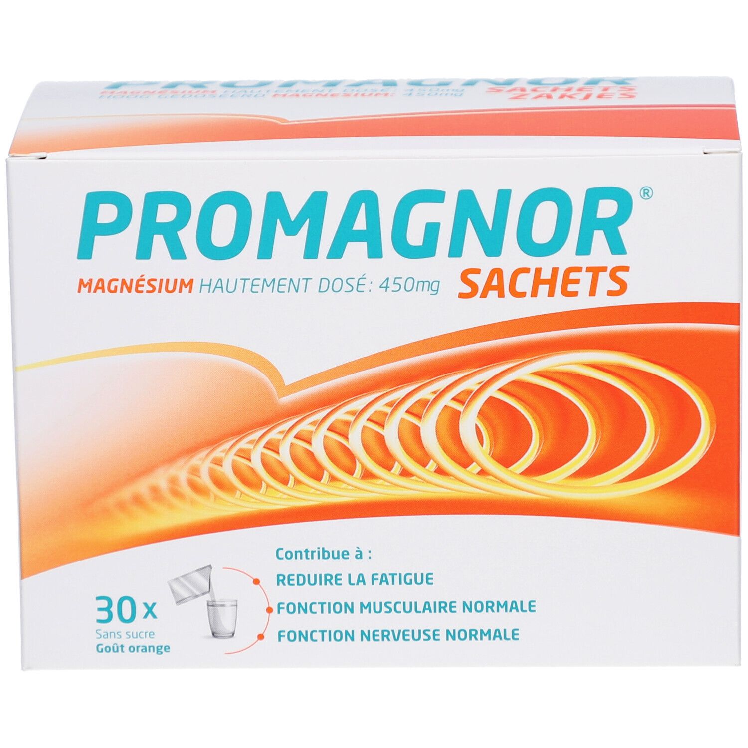 Promagnor-Packung mit 30 Sachets. Aufschrift: Magnesium 450mg. Orangefarbenes Design.