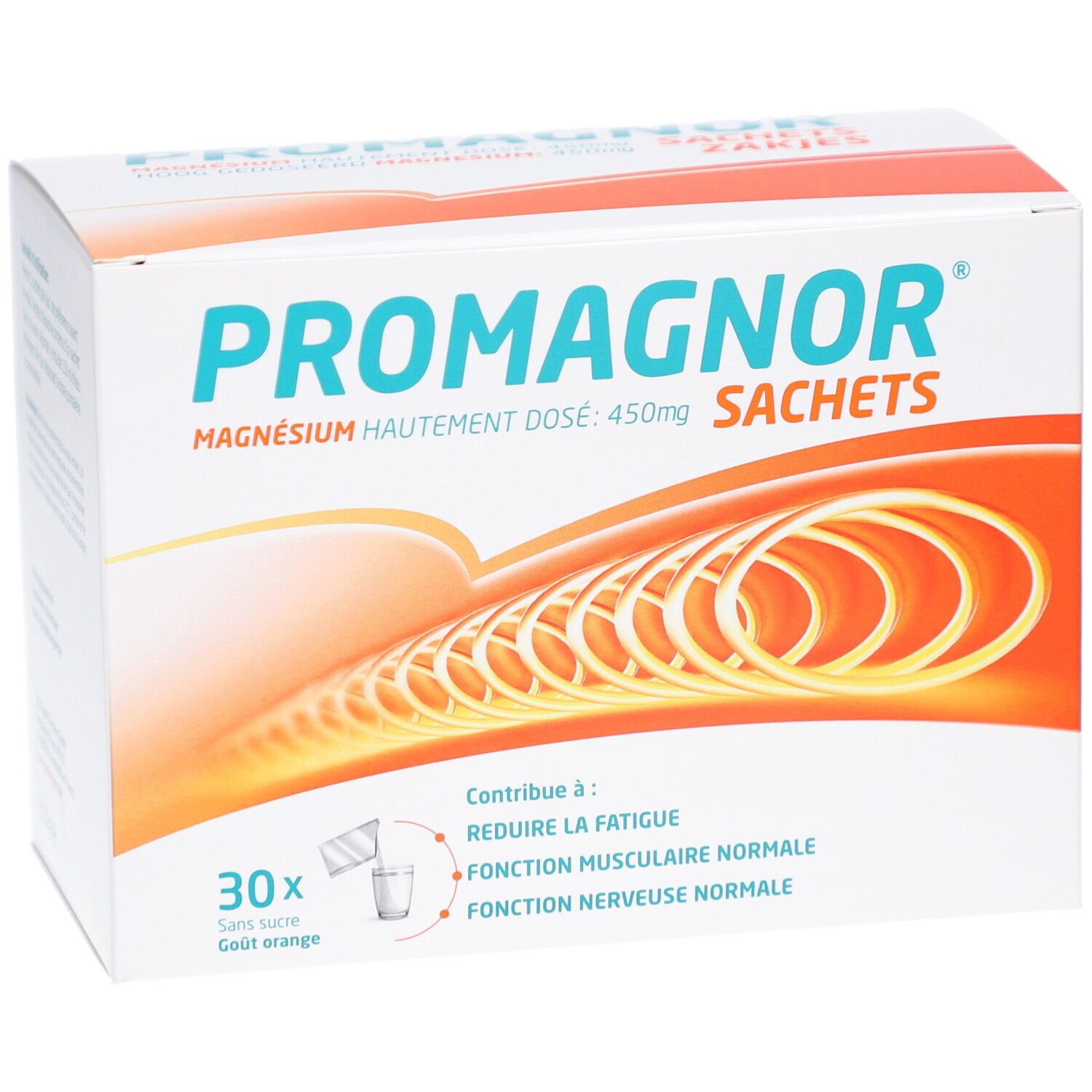 Promagnor-Packung mit 30 Sachets. Aufschrift: Magnesium 450mg. Orangefarbenes Design.