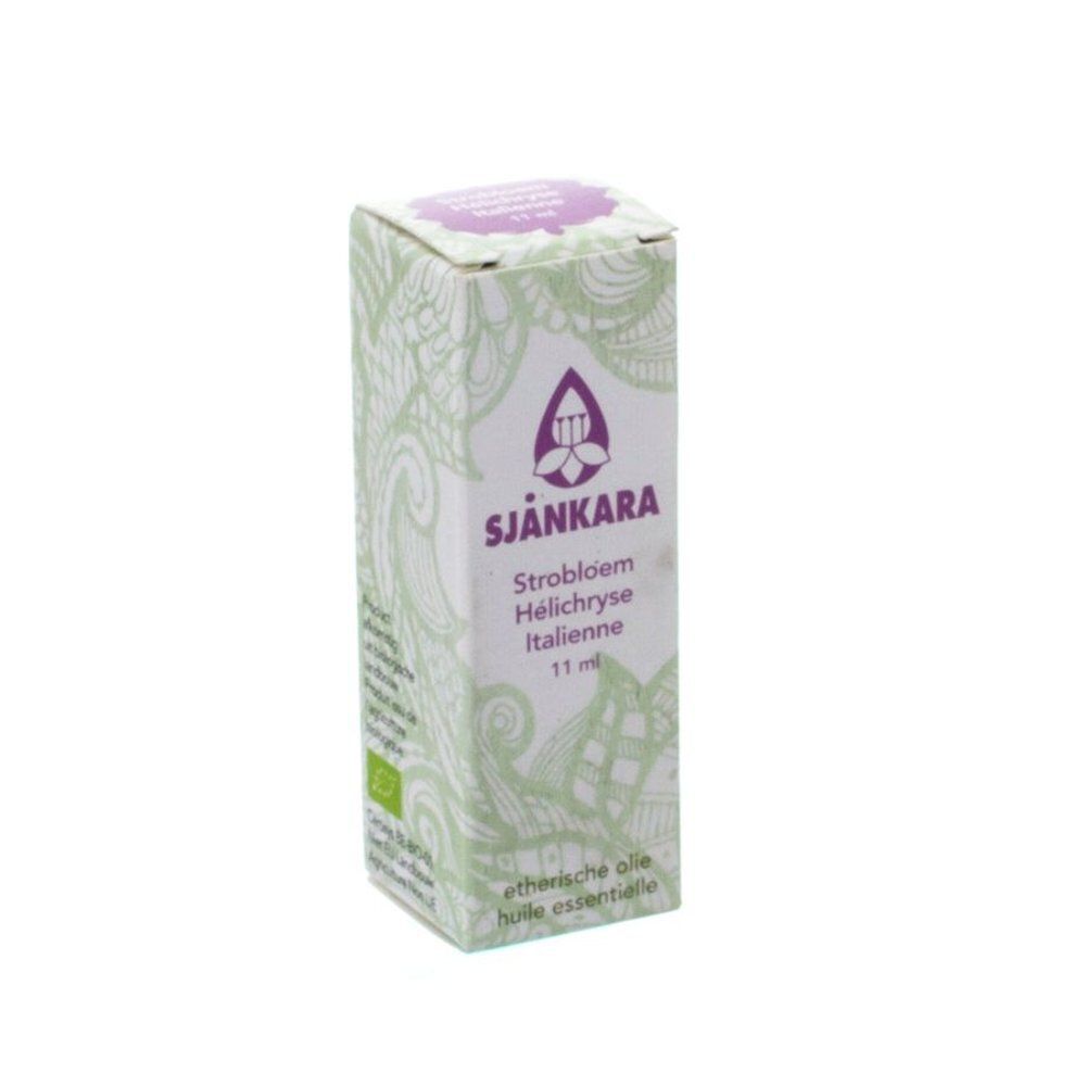 Boîte en carton SJANKARA, huile essentielle d'Hélichryse italienne 11 ml. Design vert et blanc.