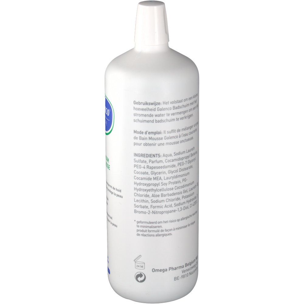 Rückseite der weißen Flasche. Text: Inhaltsstoffe, Gebrauchsanweisung. Logo Omega Pharma Belgium.