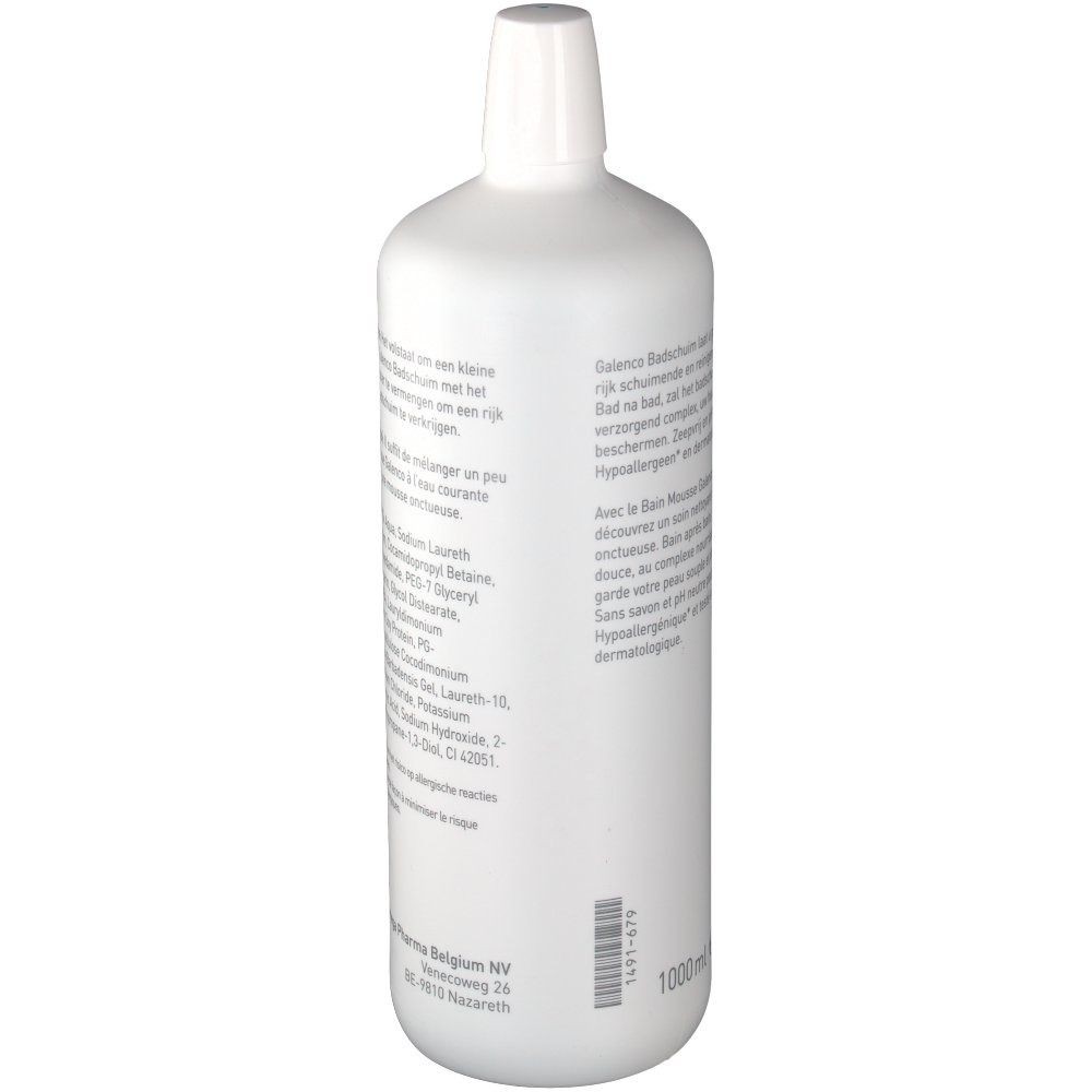 Weiße Flasche, Rückseite mit Text. Text: Galenco Badschaum, Inhaltsstoffe, Herstellerinformationen, 1000ml.