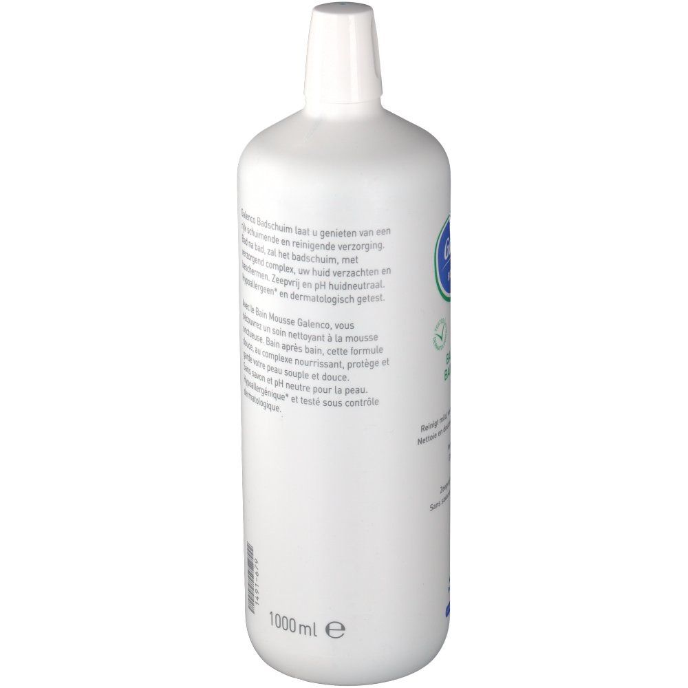 Weiße Flasche, Rückseite mit Text. Text: Galenco Badschaum, 1000 ml, dermatologisch getestet.