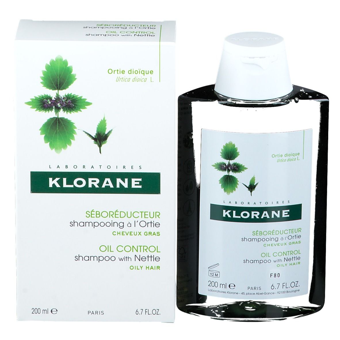 Klorane Shampoo mit Brennnessel und Verpackung. Flasche und Karton mit Produktinformationen und Logo.