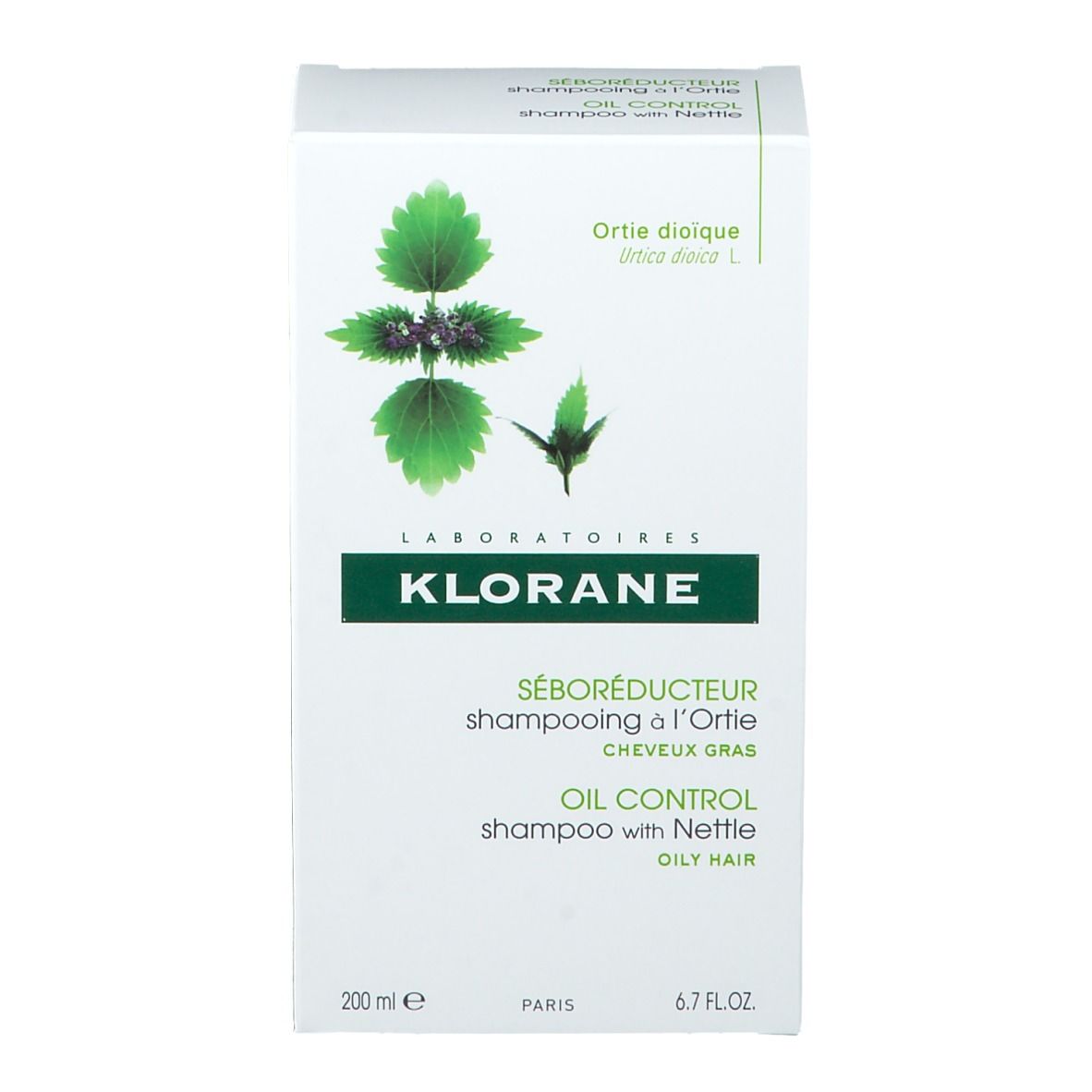 Kartonverpackung für Klorane Shampoo mit Brennnessel. Produktinformationen, Logo und Abbildungen.