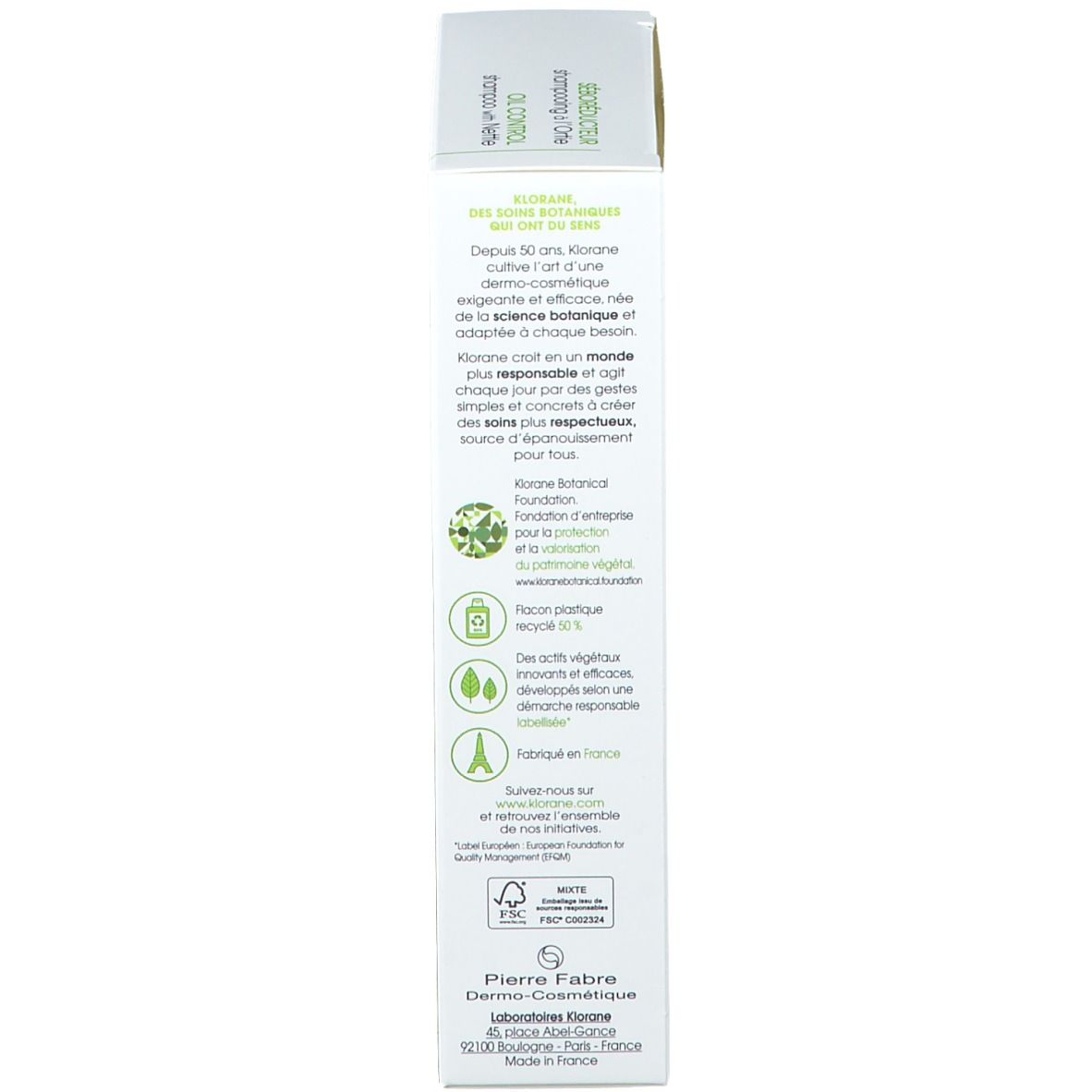 Rückseite der Klorane Shampoo Verpackung. Text, Logos, und Informationen über das Produkt und die Marke.