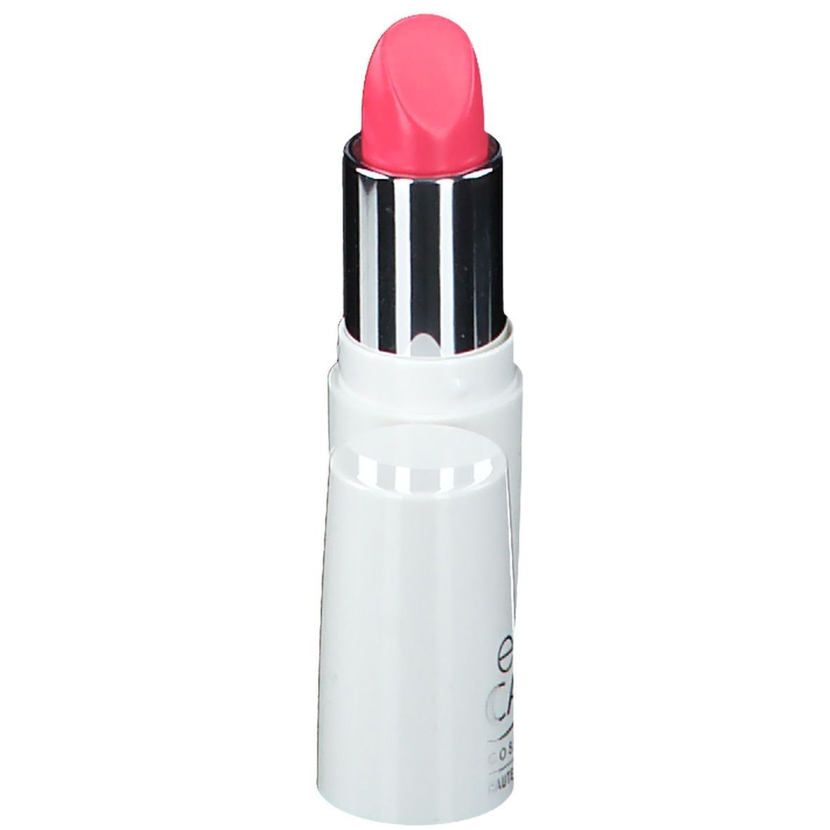 Rouge à lèvres rose clair dans un étui blanc. Le rouge à lèvres est visible.