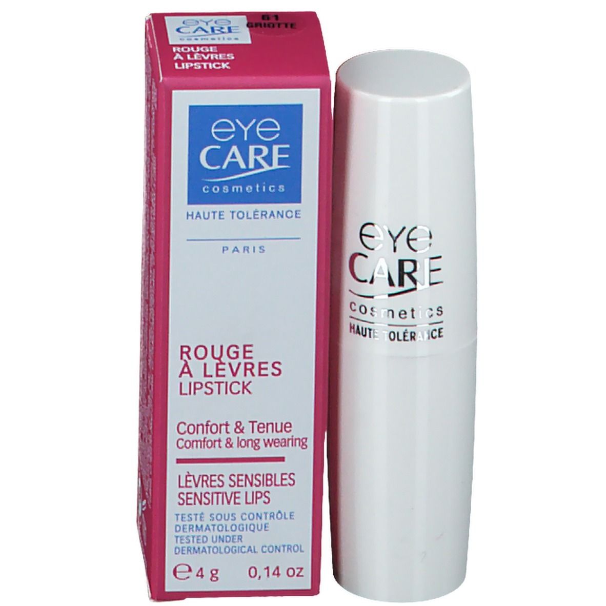 Weißer Lippenstift und Verpackung. Aufschrift: eyeCARE cosmetics, ROUGE À LÈVRES LIPSTICK.