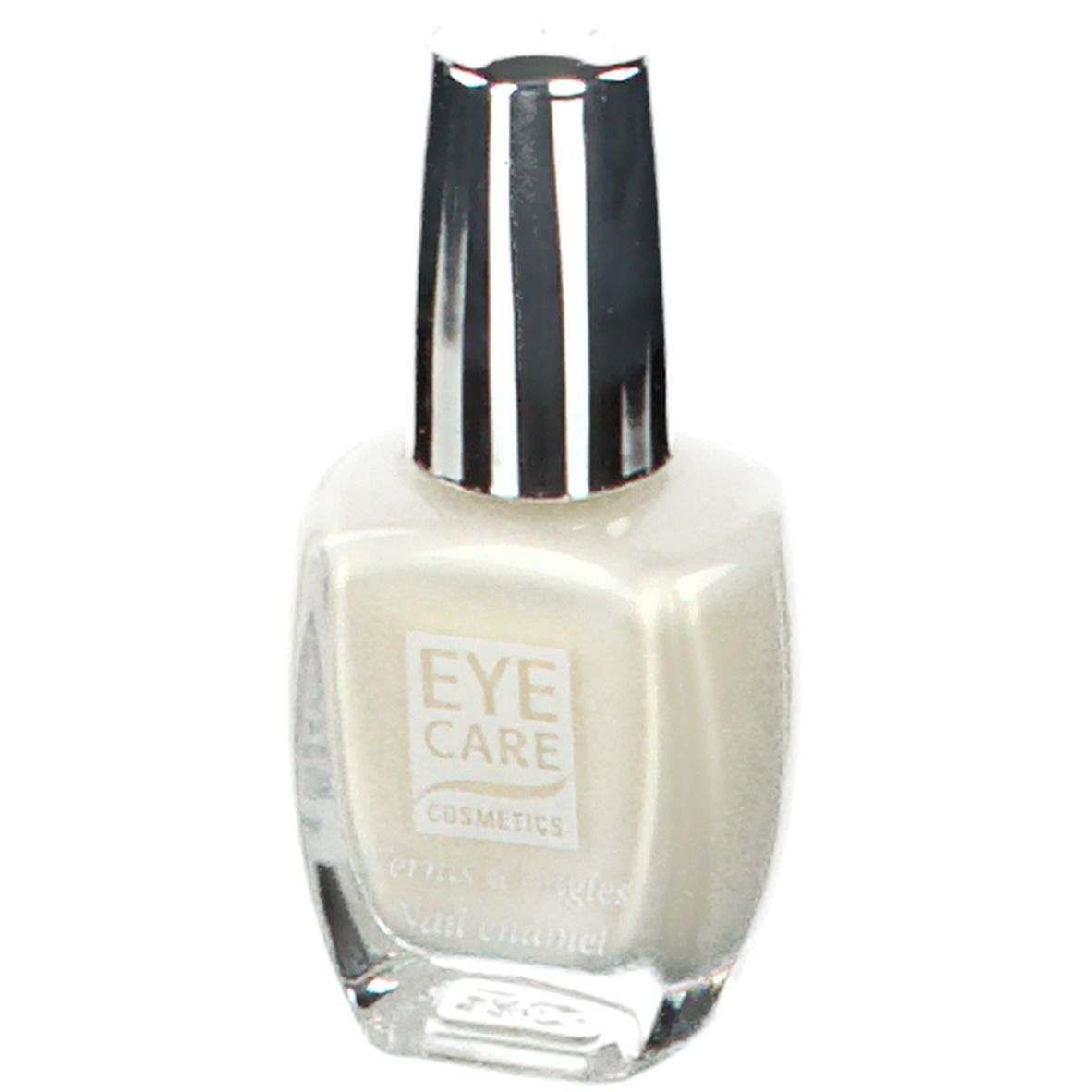 Vernis à ongles blanc en flacon de verre avec bouchon argenté. Inscription : EYE CARE COSMETICS. Inscriptions françaises.