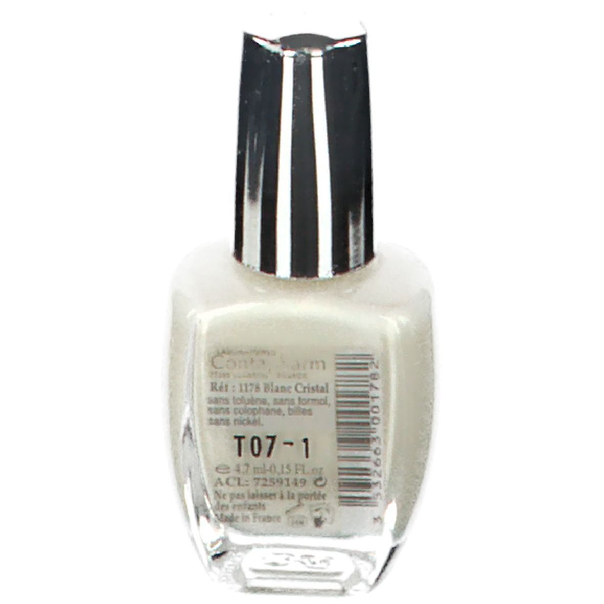 Dos d'un flacon de vernis à ongles blanc. Étiquette avec informations sur le produit et code-barres. Inscriptions françaises.