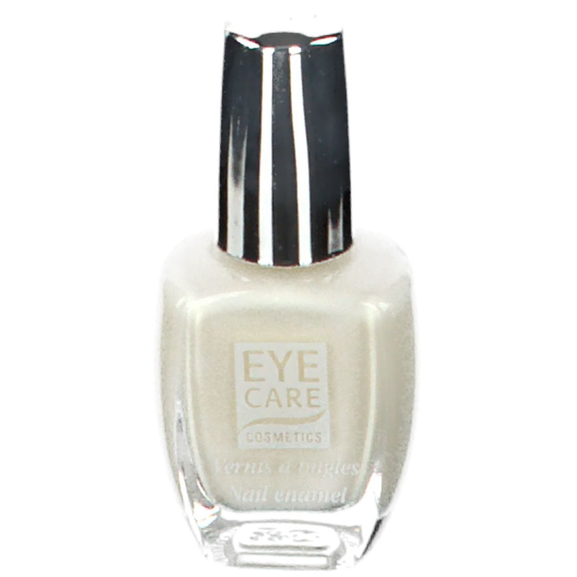 Vernis à ongles blanc en flacon de verre avec bouchon argenté. Inscription : EYE CARE COSMETICS. Inscriptions françaises.