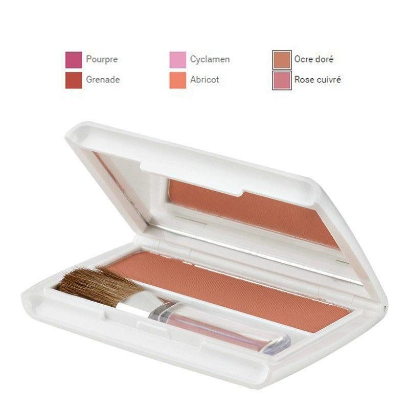 Blush-Kompaktpuder in weißer Hülle, Spiegel, Pinsel. Farbauswahl: Abricot, Grenade, Cyclamen, Ocre doré, Rose cuivré, Pourpre.