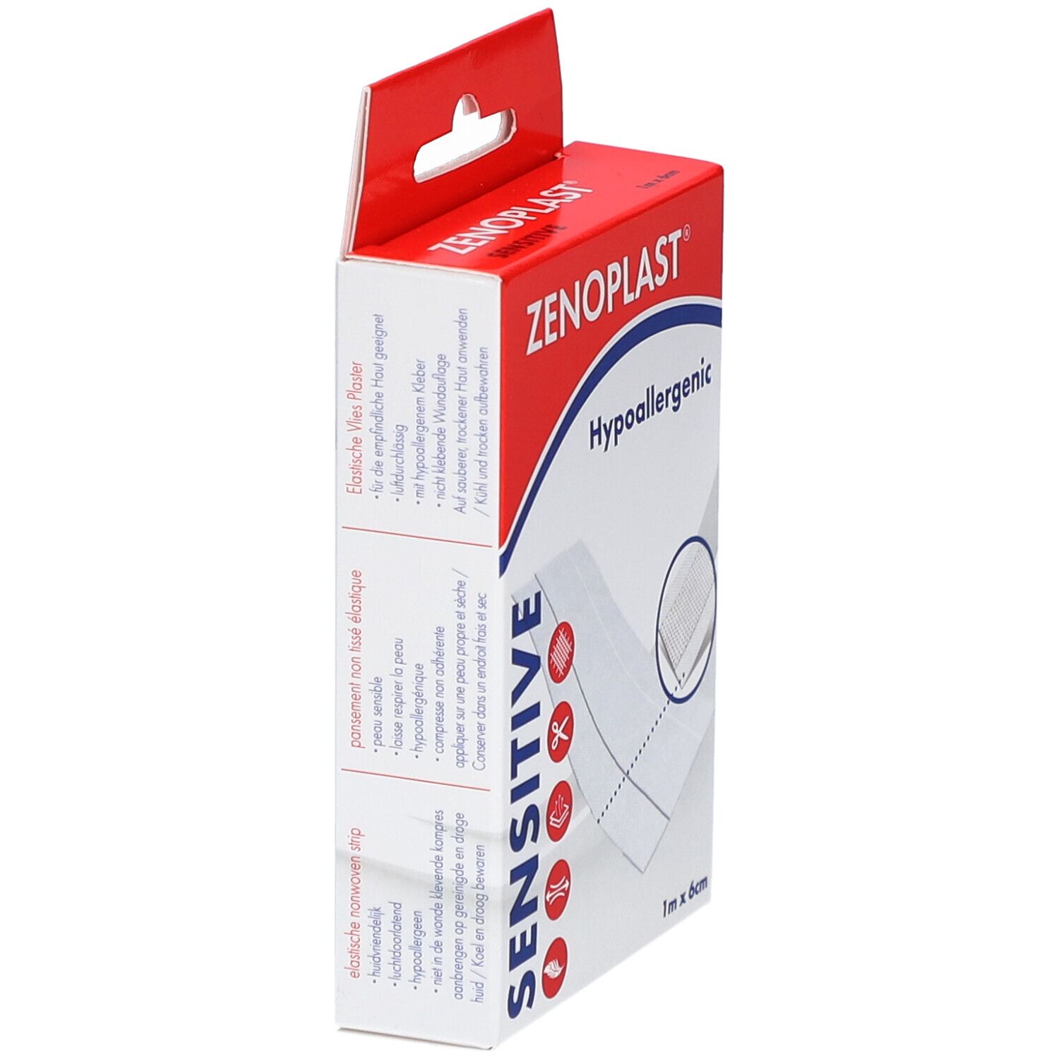 Vue latérale de l'emballage du bandage Longfix. Boîte verte et blanche avec nom du produit et dimensions. Hypoallergénique, Sensitive.