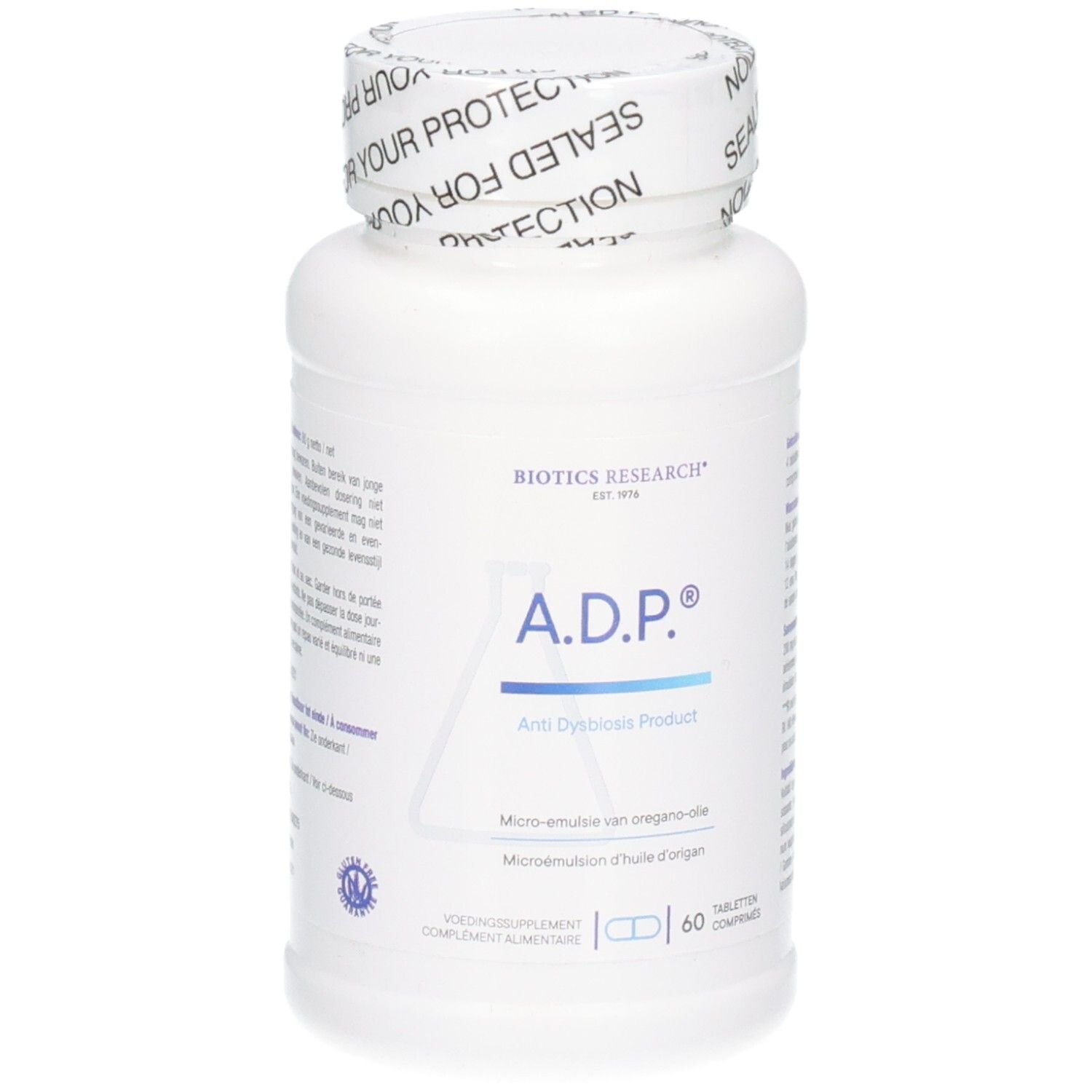 Weiße Flasche mit weißem Deckel, versiegelt für Ihren Schutz. Beschriftung zeigt ADP, Oreganoöl, Biotics Research, 60 Tabletten.