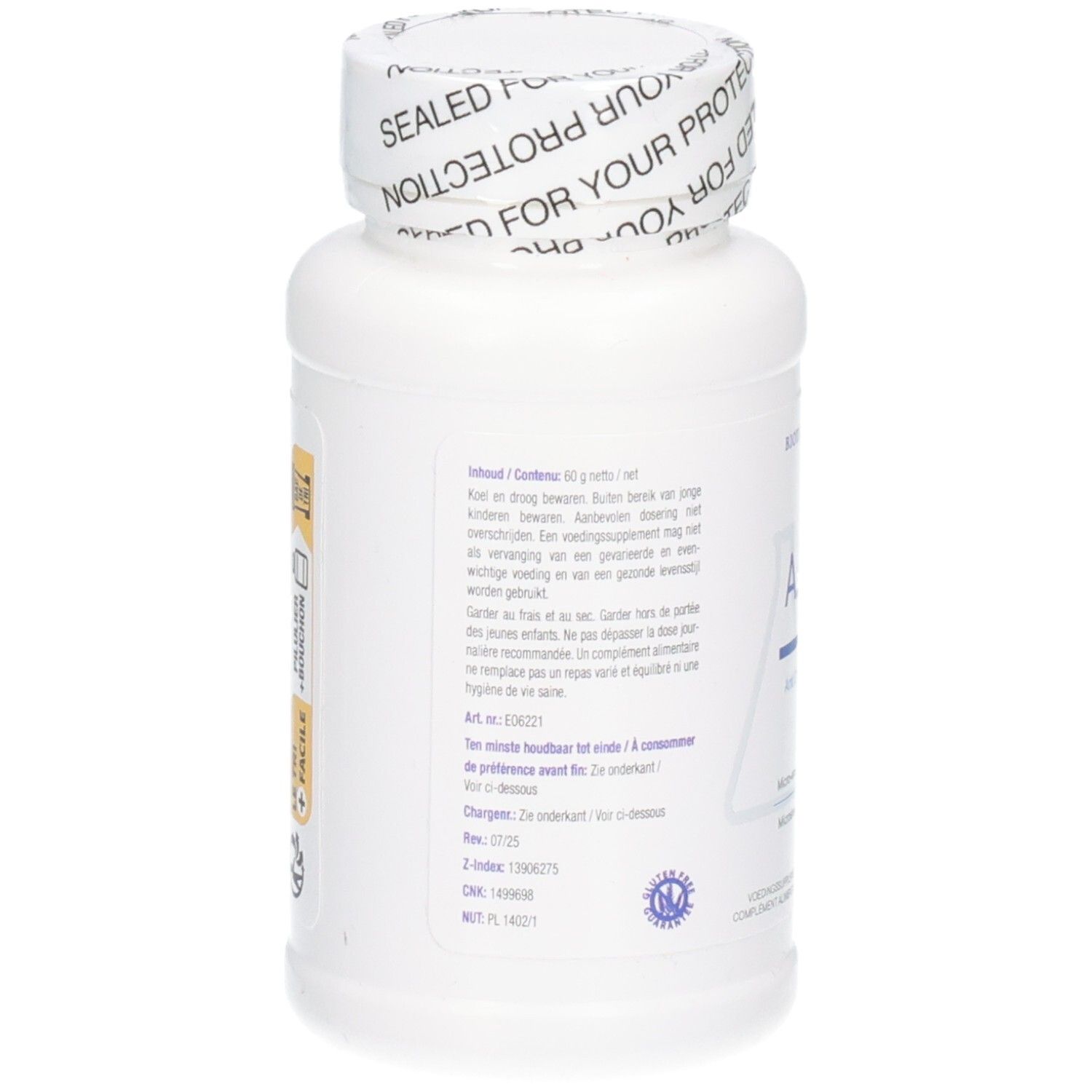 Weiße Flasche mit weißem Deckel, versiegelt für Ihren Schutz. Enthält 60 Tabletten.
