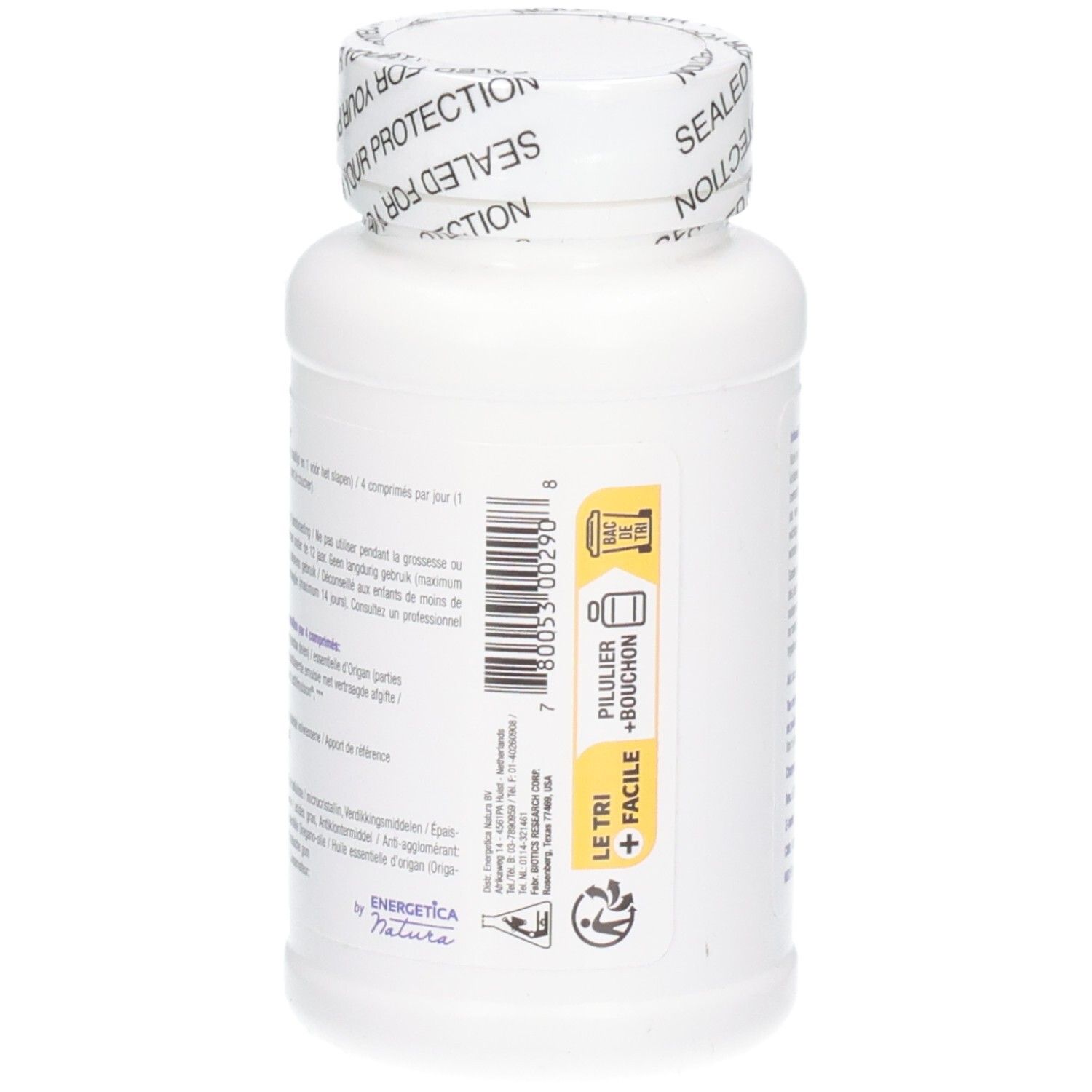 Rückseite einer weißen Flasche mit Barcode und Produktinformationen. Enthält 60 Tabletten.