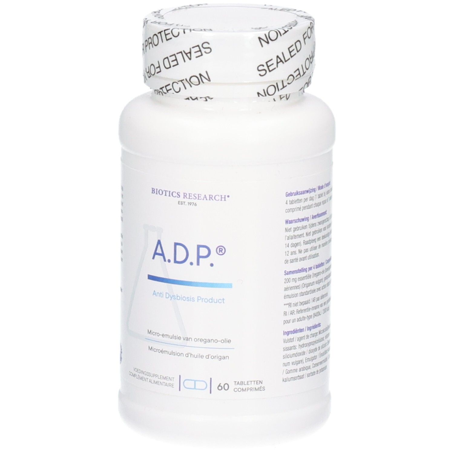 Weiße Flasche mit weißem Deckel, versiegelt für Ihren Schutz. Beschriftung zeigt ADP, Oreganoöl, Biotics Research, 60 Tabletten.