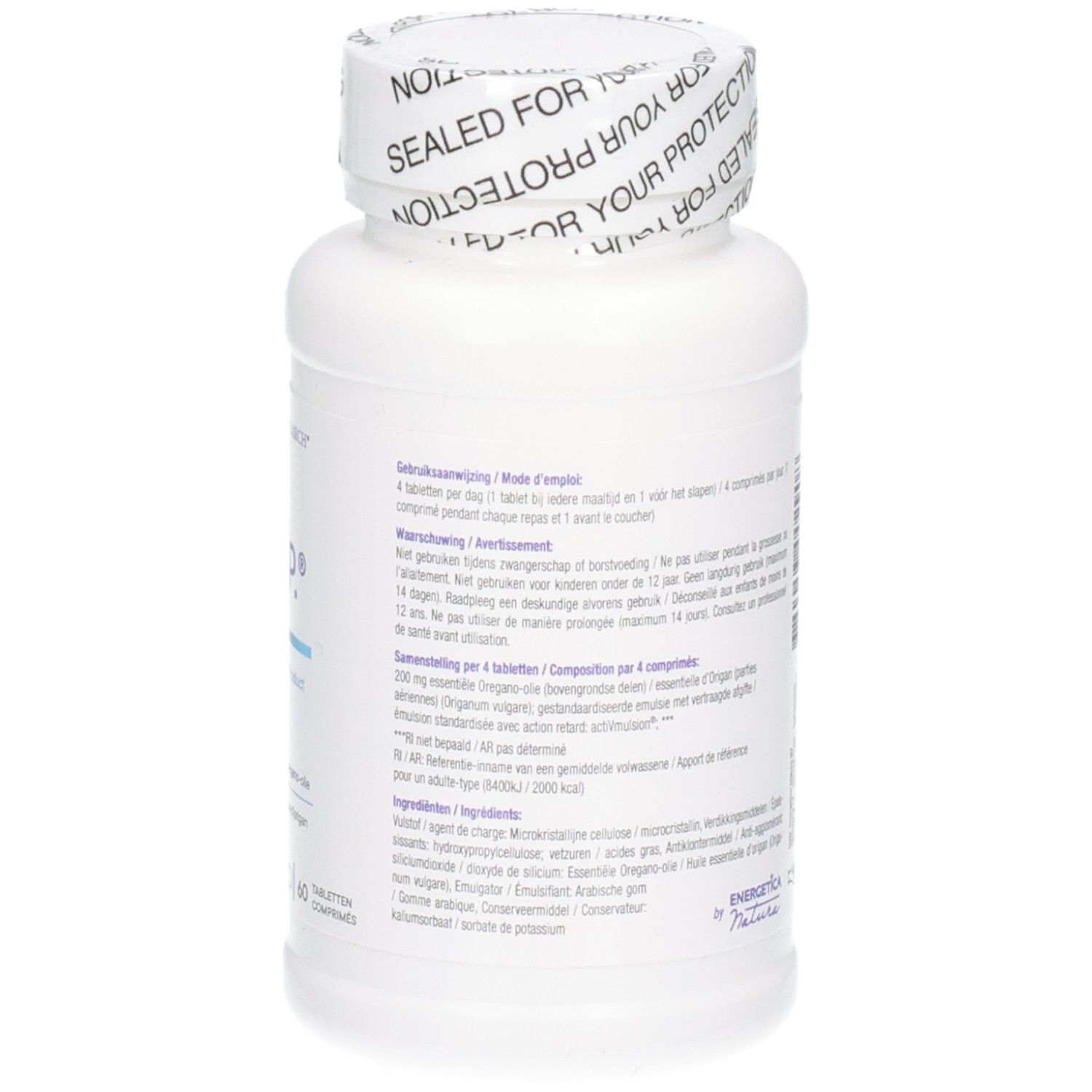 Weiße Flasche mit weißem Deckel, versiegelt für Ihren Schutz. Beschriftung zeigt ADP, Oreganoöl, Biotics Research, 60 Tabletten.