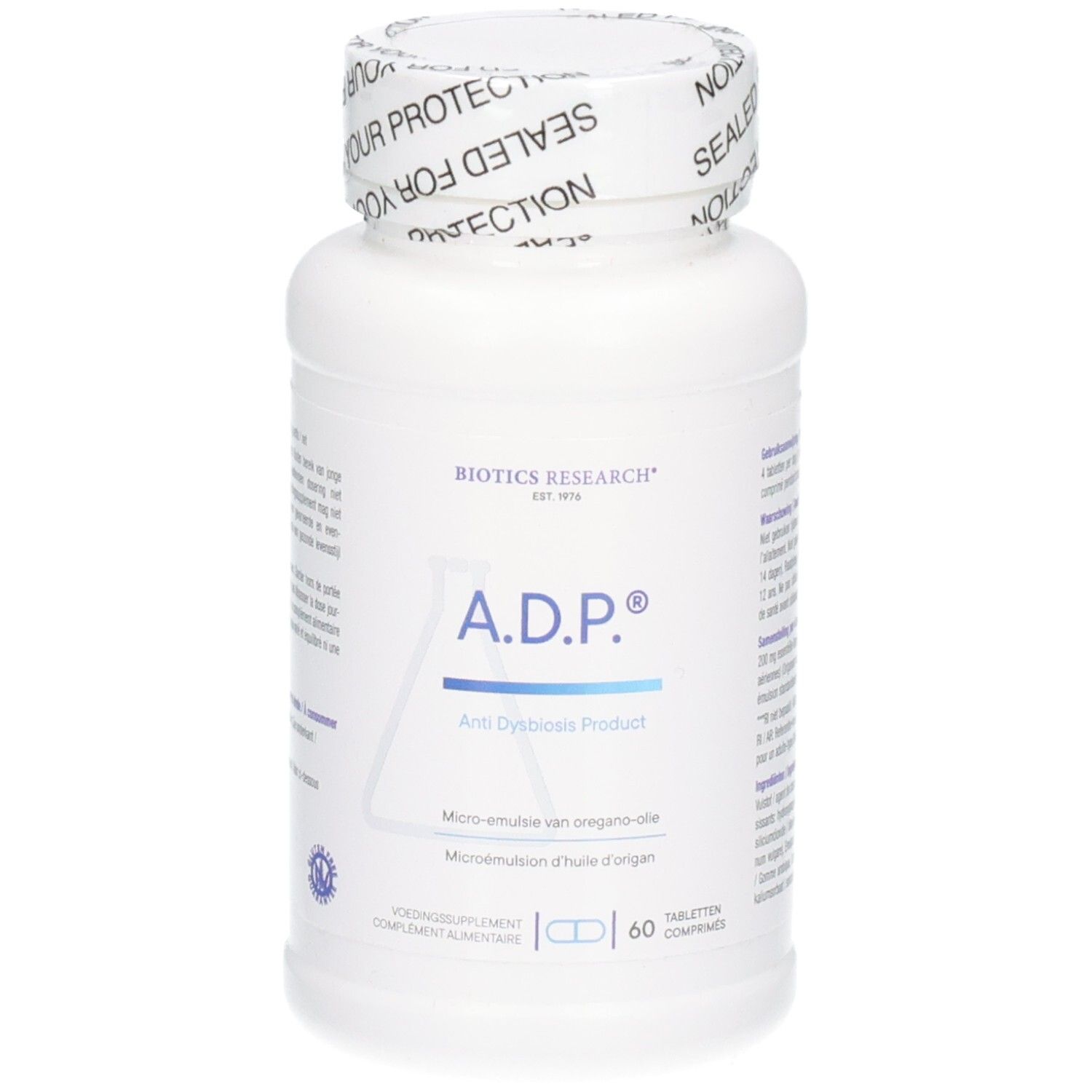 Rückseite einer weißen Flasche mit Produktinformationen und Warnhinweisen. Enthält 60 Tabletten.