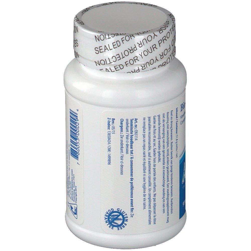 Weiße Flasche, schräg. Text und Barcode. Verschluss mit 'SEALED FOR YOUR PROTECTION'. 'Biotics Research' Logo.