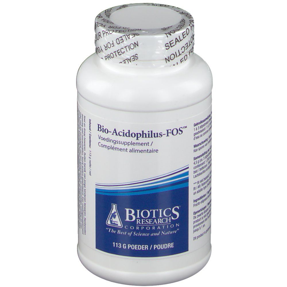Flacon blanc avec étiquette "Bio-Acidophilus-FOS". Logo bleu Biotics Research Corporation. 113 g de poudre.