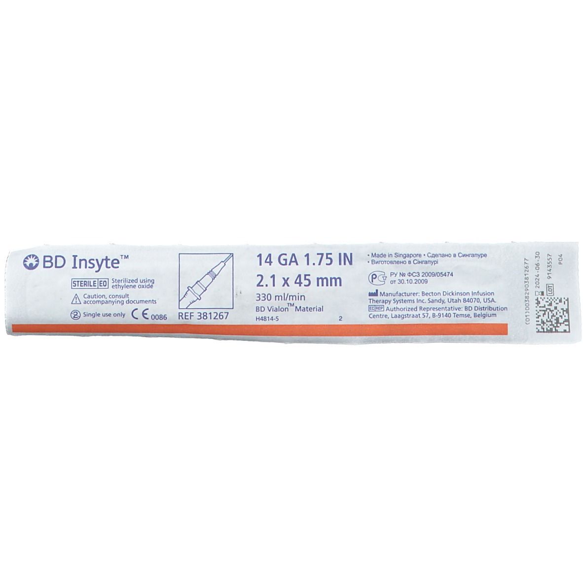 BD Insyte™ Venenverweilkatheter ohne Flügel 14 G 330 ml/min. 2,1 x 45 mm orange