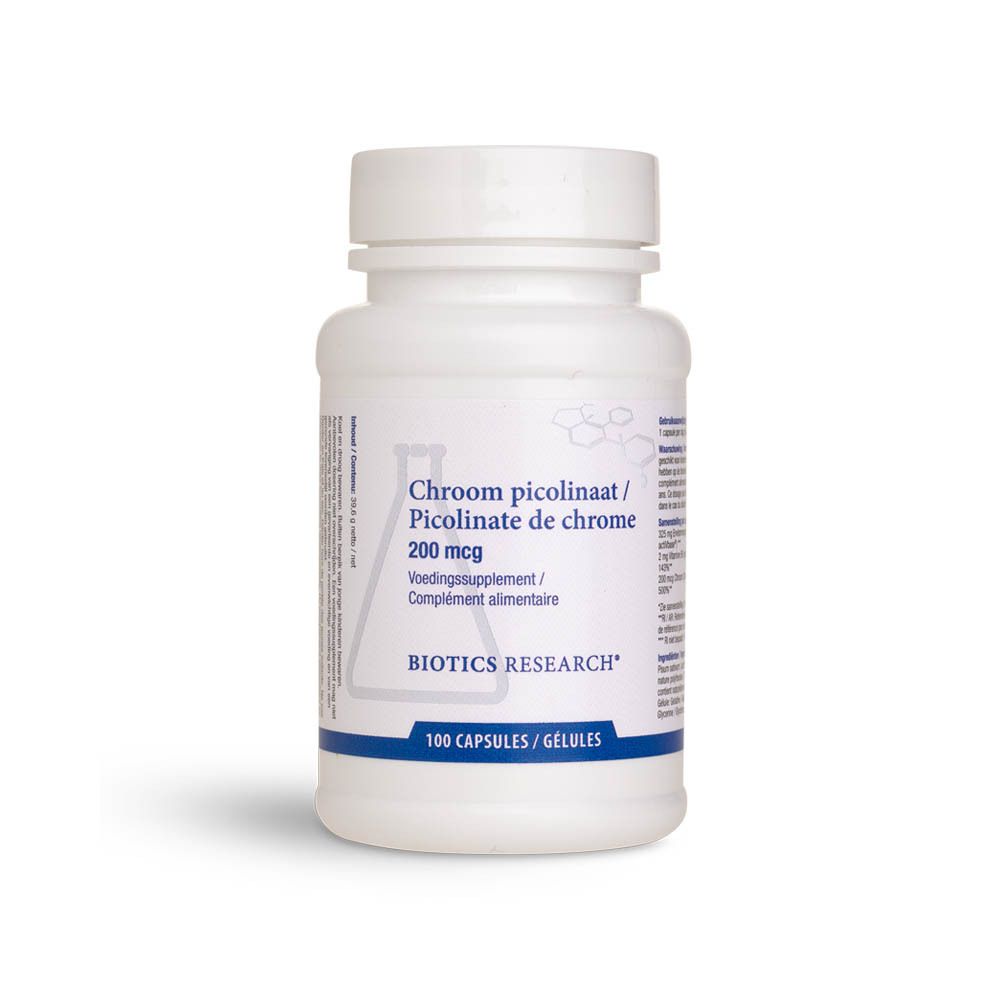 Weiße Flasche mit Schraubverschluss. Auf dem Etikett: Chrom picolinaat/Picolinate de chrome 200 mcg. Marke: BIOTICS RESEARCH.