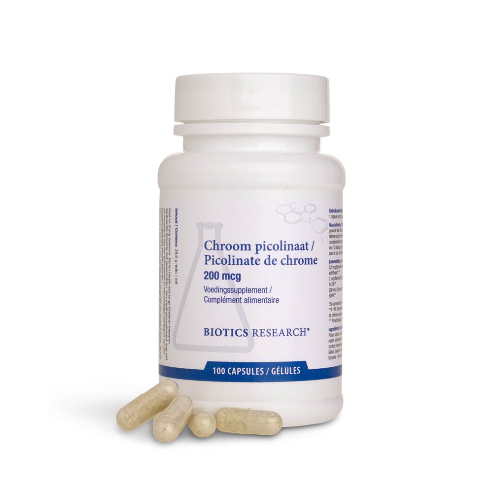 Weiße Flasche mit Schraubverschluss. Auf dem Etikett: Chrom picolinaat/Picolinate de chrome 200 mcg. Marke: BIOTICS RESEARCH.