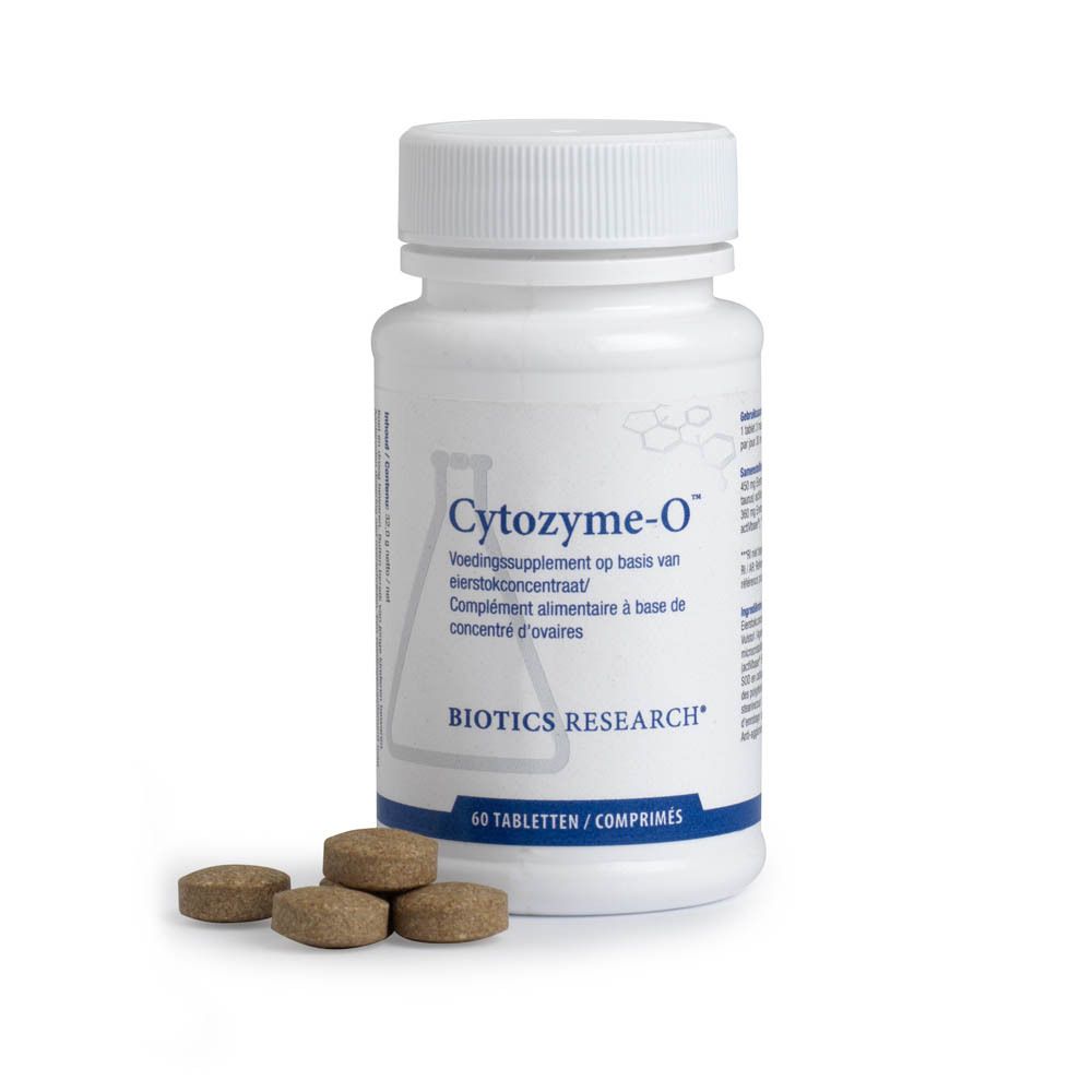 Weiße Flasche mit Etikett. Text: Cytozyme-O, Biotics Research. Aufdruck: 60 Tabletten. Tabletten daneben.