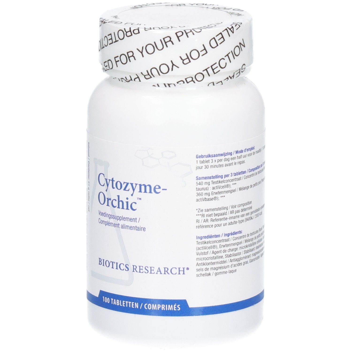 Weiße Flasche mit Cytozyme-Orchic-Etikett. Enthält 100 Tabletten. Biotics Research Logo.