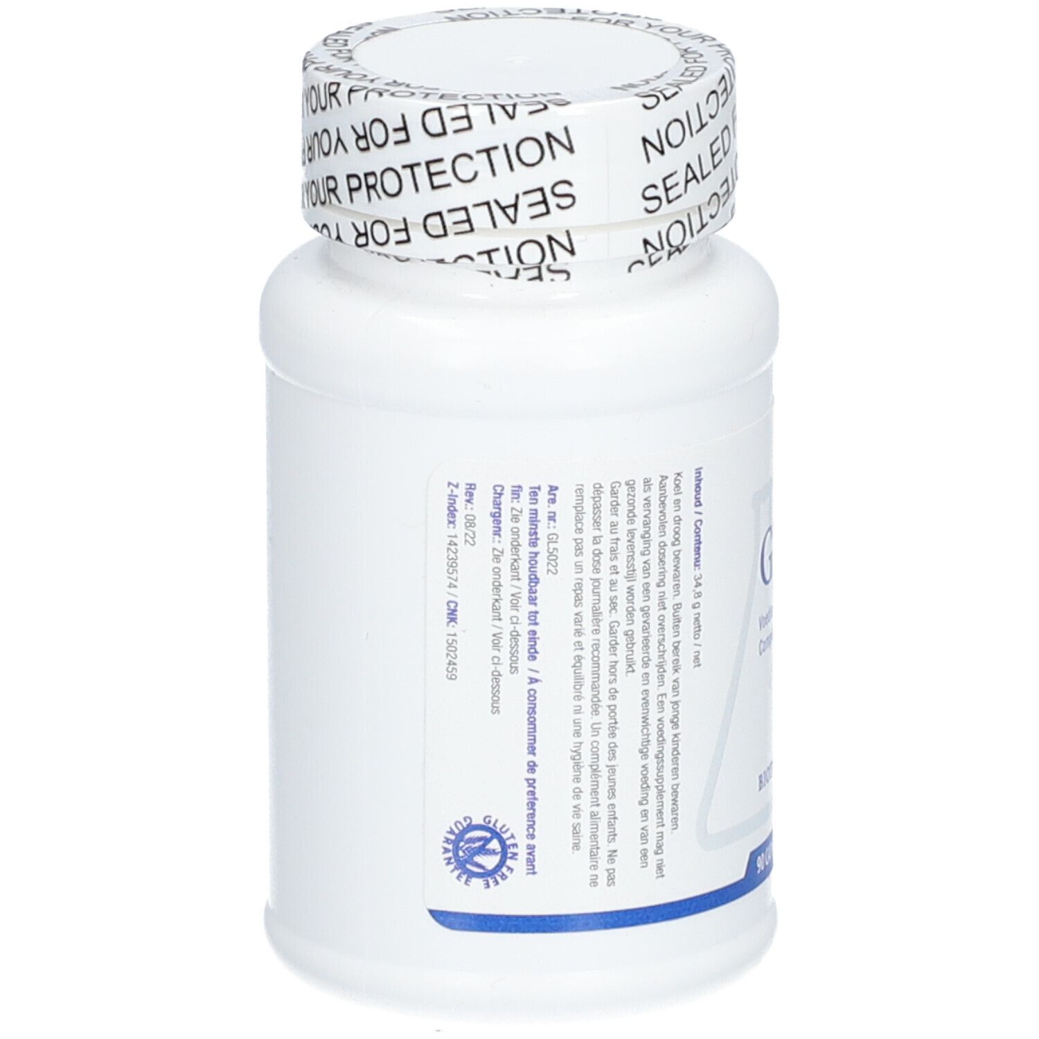 Rückseite der weißen Flasche. Text in mehreren Sprachen. Aufschrift: GTA™. BIOTICS RESEARCH. Siegel.