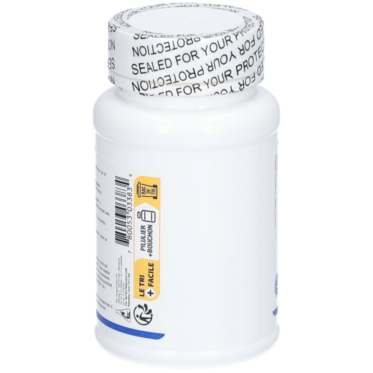 Rückseite der weißen Flasche. Text in mehreren Sprachen. Aufschrift: GTA™. BIOTICS RESEARCH. Siegel. Piktogramme.