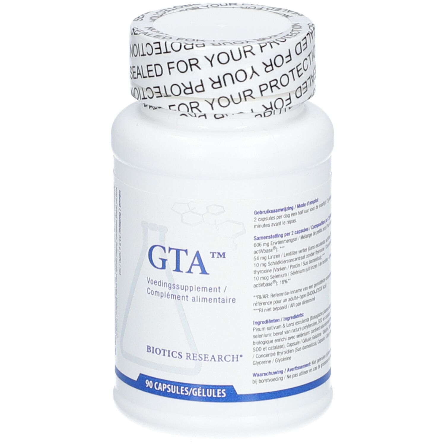Weiße Flasche mit Kapseln. Aufschrift: GTA™, Voedingssupplement/Complément alimentaire, BIOTICS RESEARCH. 90 Kapseln. Text.