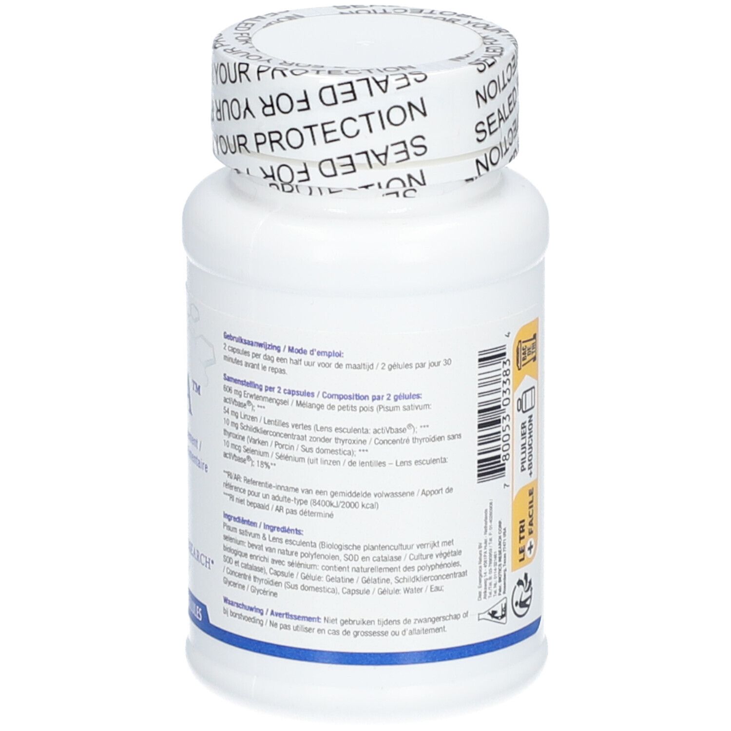 Weiße Flasche mit Kapseln. Aufschrift: GTA™, Voedingssupplement/Complément alimentaire, BIOTICS RESEARCH. 90 Kapseln. Text.