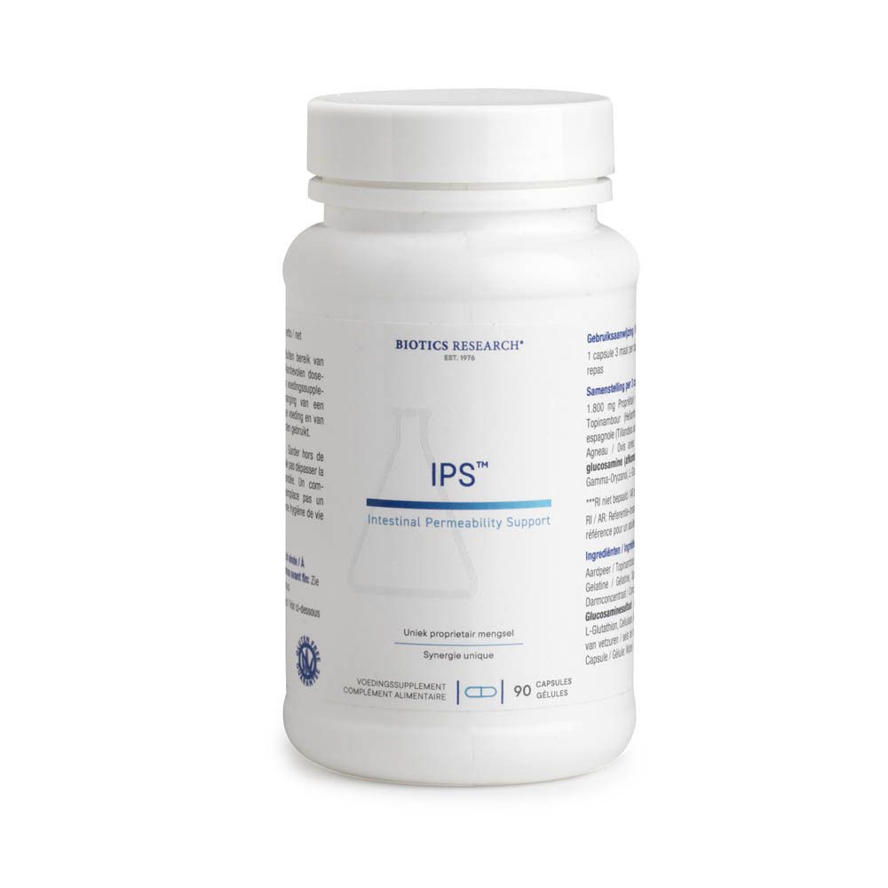Weiße Flasche mit Kapseln. Aufschrift: IPS, Intestinal Permeability Support. Marke: Biotics Research. 90 Kapseln.